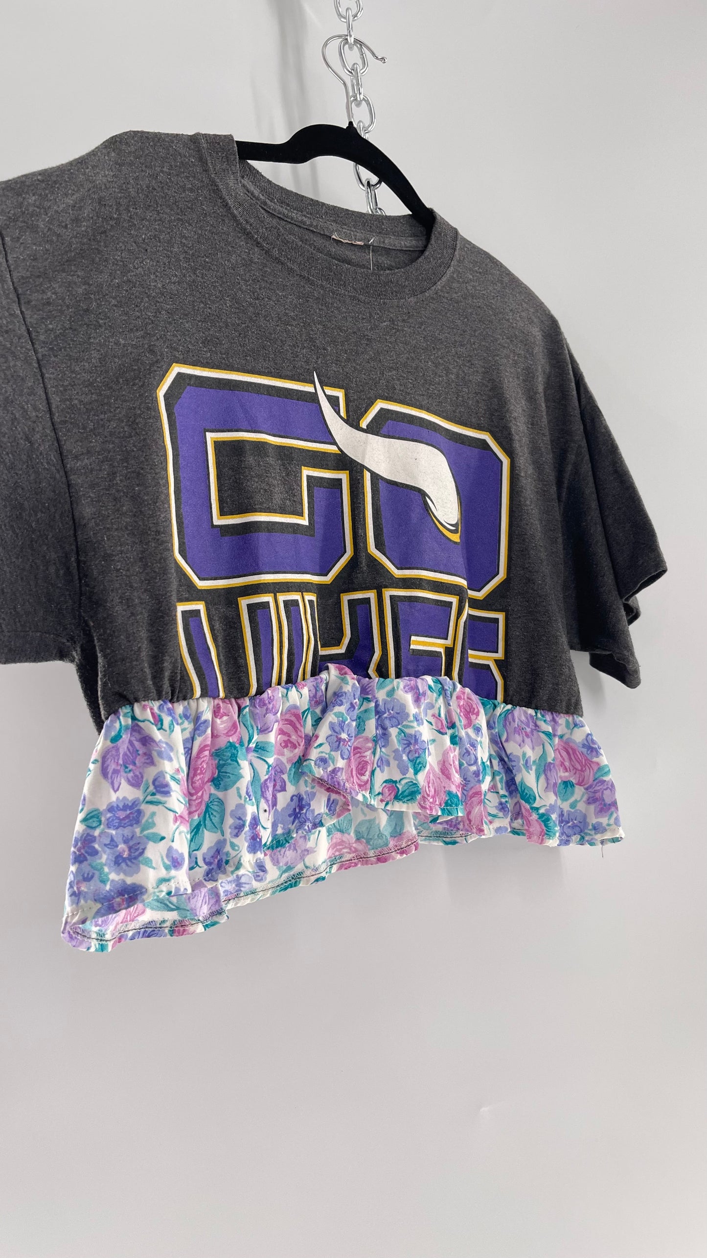 Urban Outfitters Reworked Go Vikings Sports T with Floral 80s Ruffle (M)