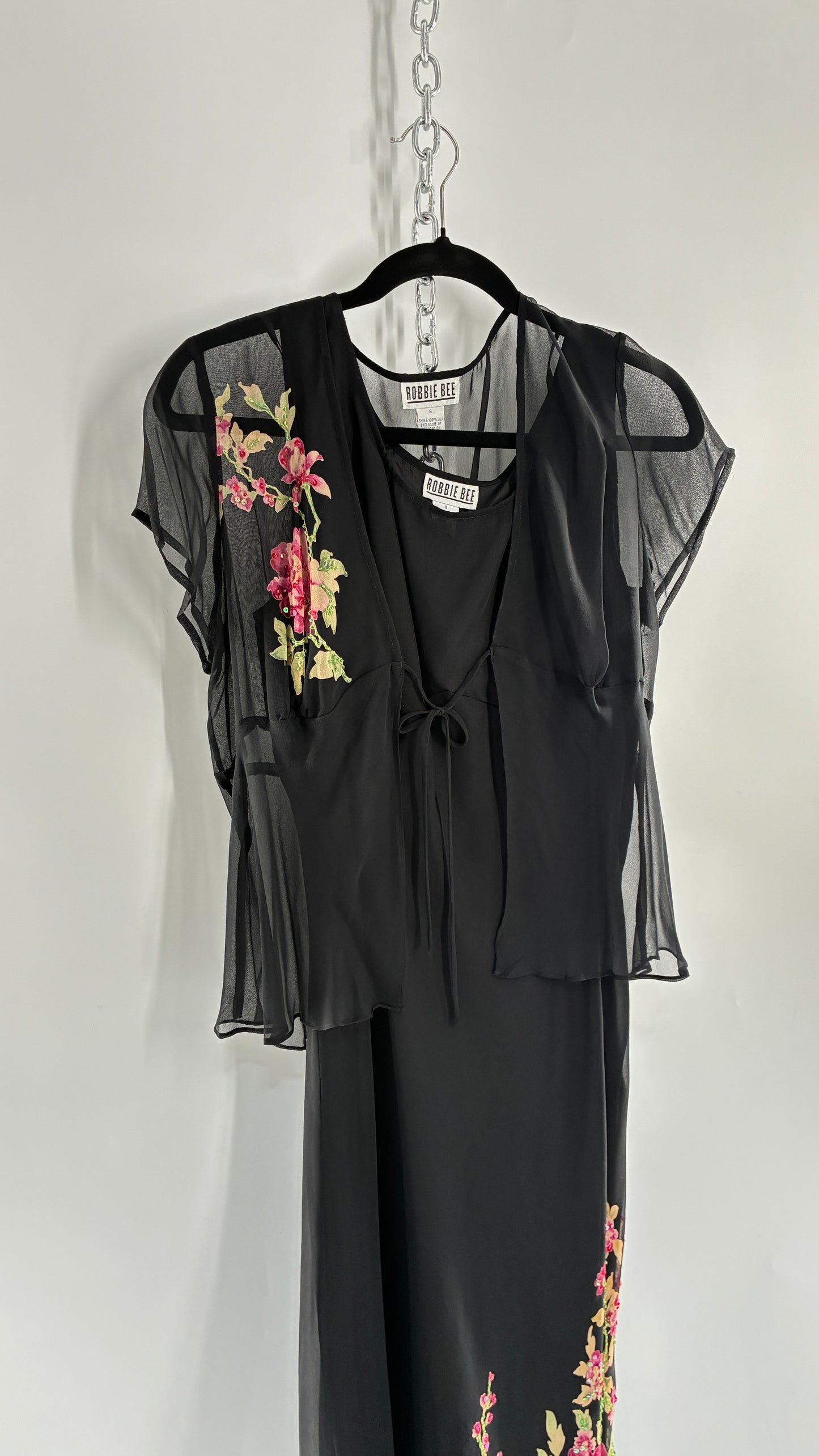 Vintage 1990s ROBBIE BEE 100% Silk Black Gown with Underbust Stitch and Matching Tie Bust Blouse (8)