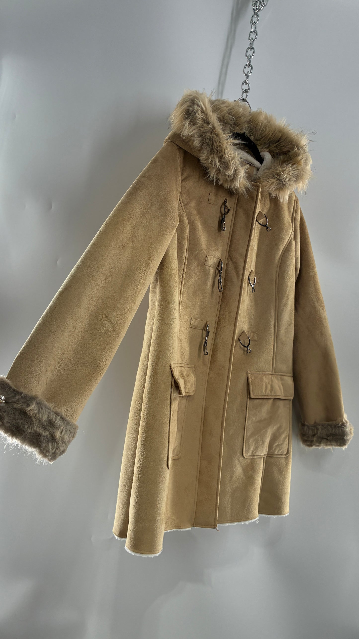 Deadstock Vintage MONROE AND MAIN Vegan Suede Coat with Fur Cuffs and Hood, Tags Attached (Medium)