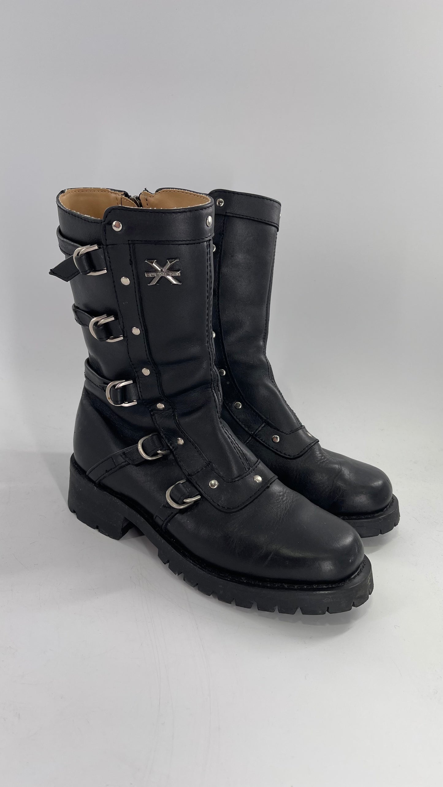 Vintage 1990s XELEMENT Buckle Side Genuine Leather Steam Punk Boots (Women’s 8.5)