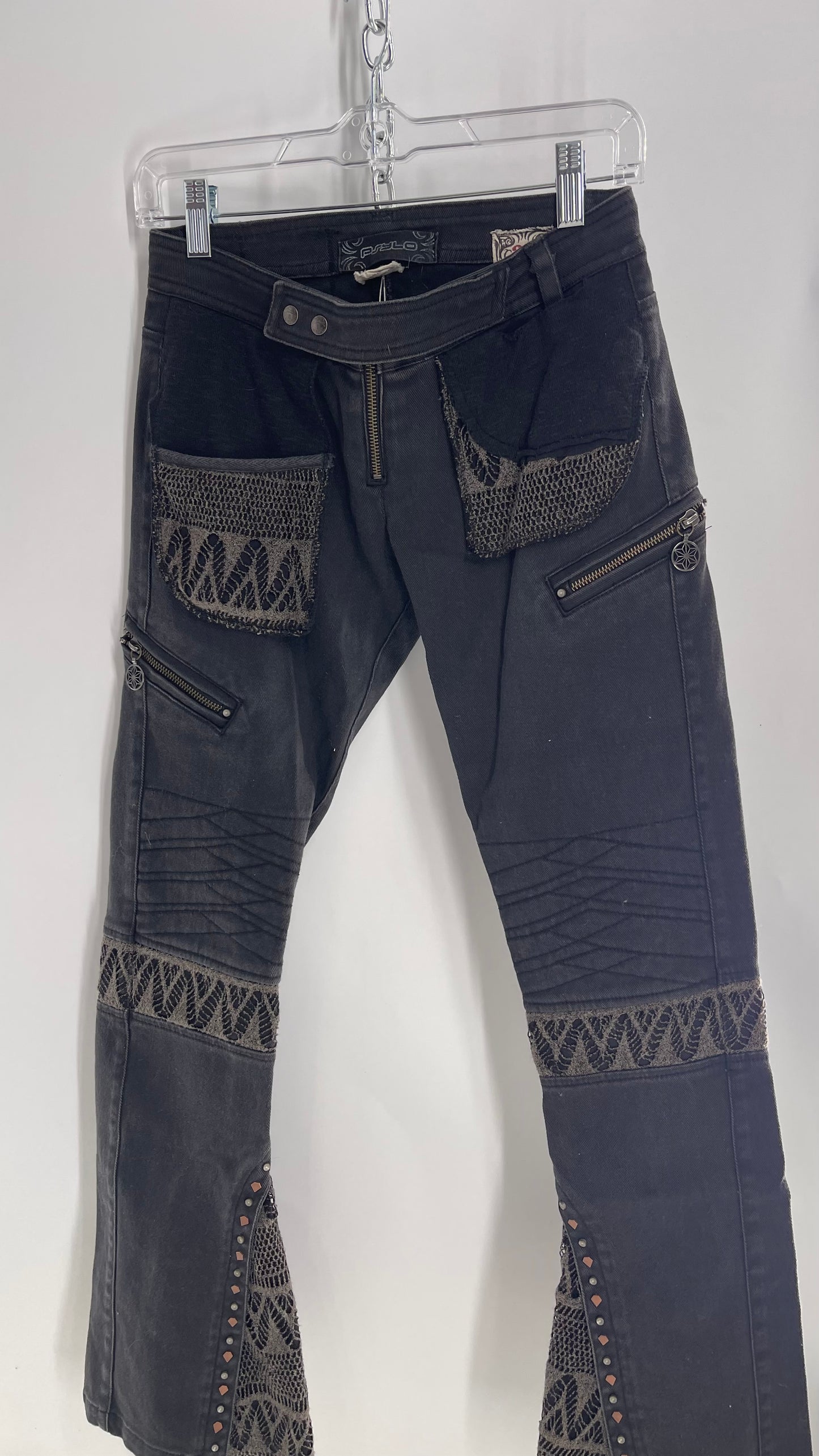 Vintage Rare PSYLO 1990s Low Rise Kick Flare Jeans with Studs, Lace and Hardware (38)