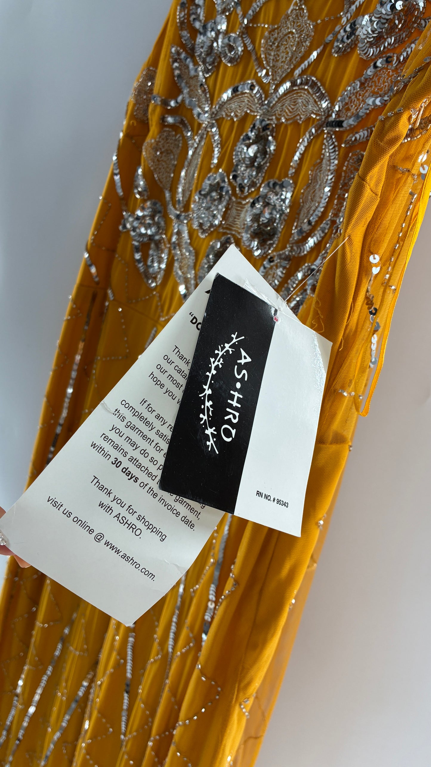 Deadstock Vintage ASHRO 1990s Mustard Yellow Dress with Sheer Back, Neck Scarf and Silver Beading (XXL)