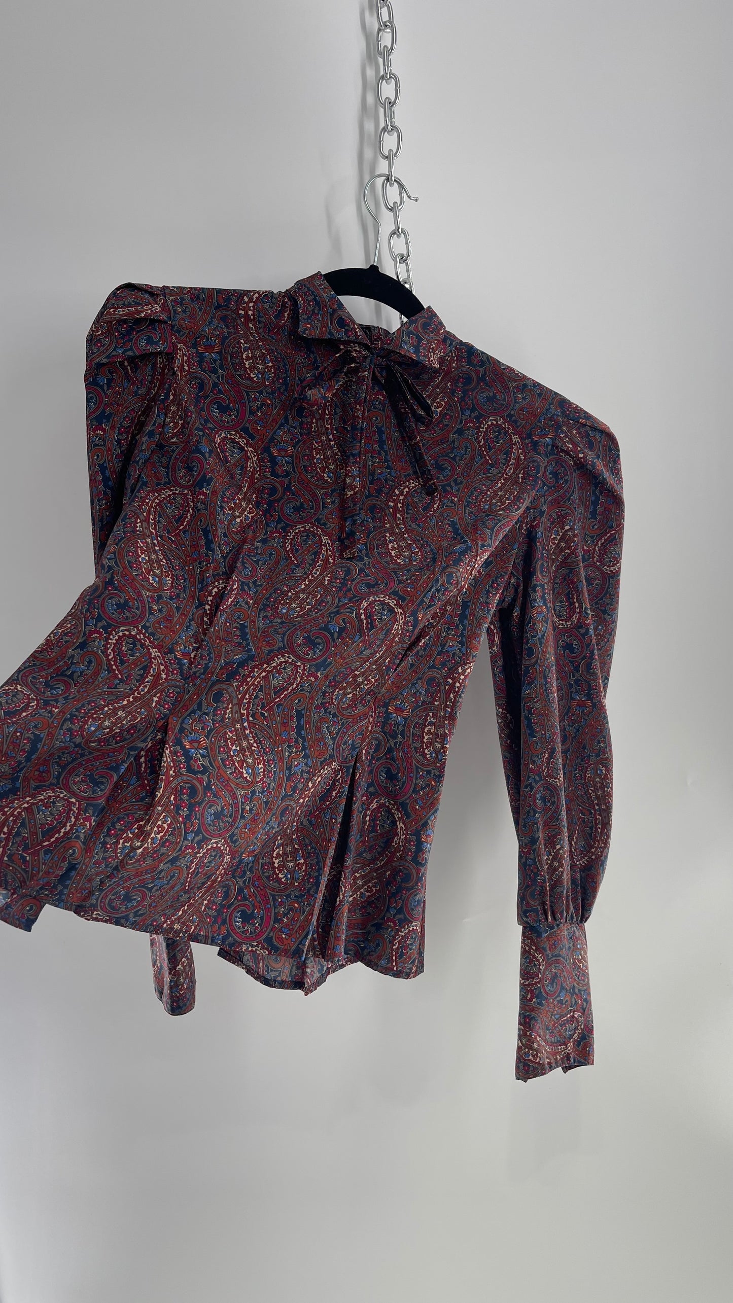 Vintage First Glance Paisley Balloon Sleeve, Sculpted Waist, Tie Neck Blouse from El Salvador (9/M)