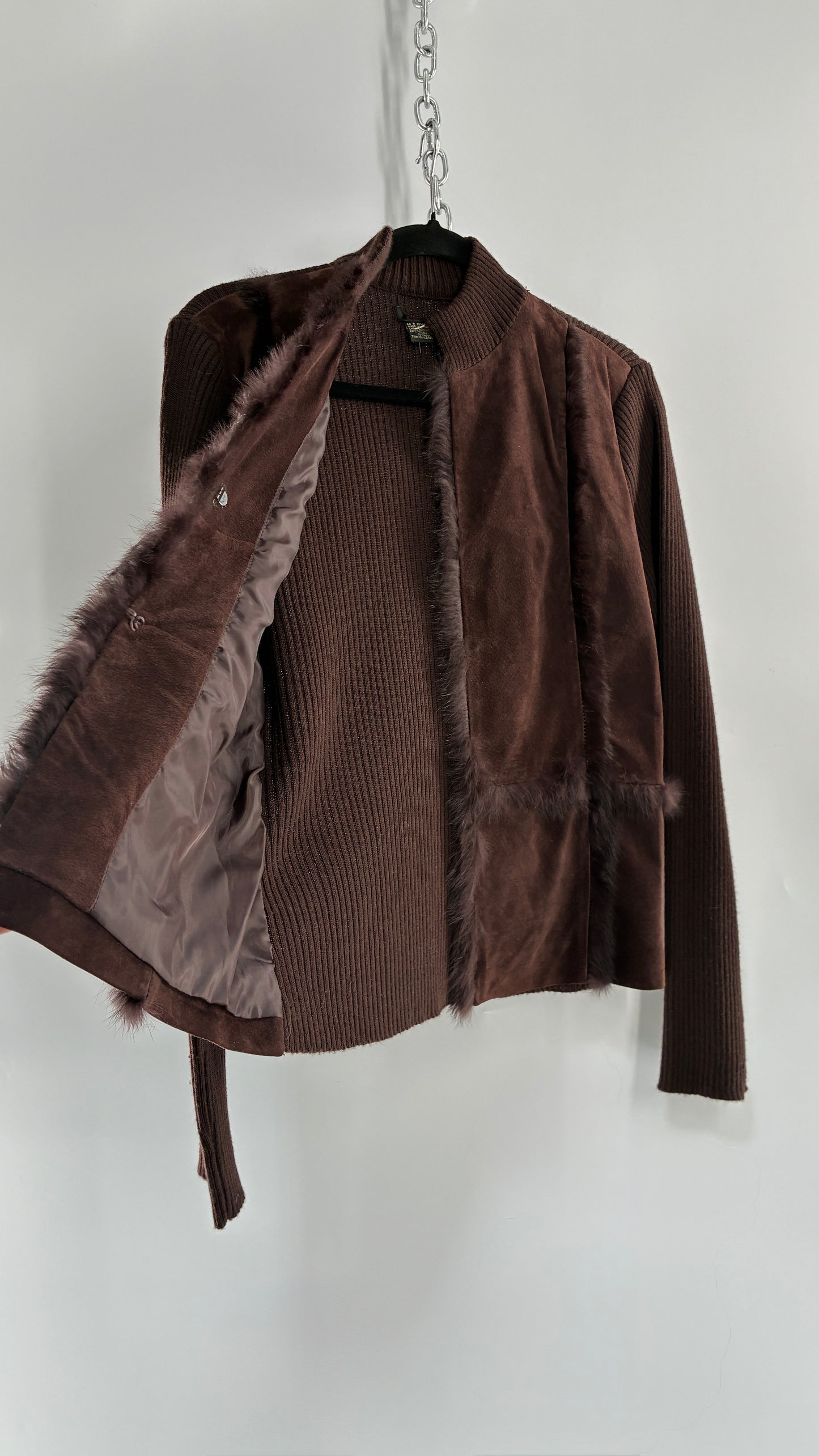Vintage Brown Ribbed Jacket with Genuine Suede Leather Paneling and Rabbit Fur Trim (Medium)