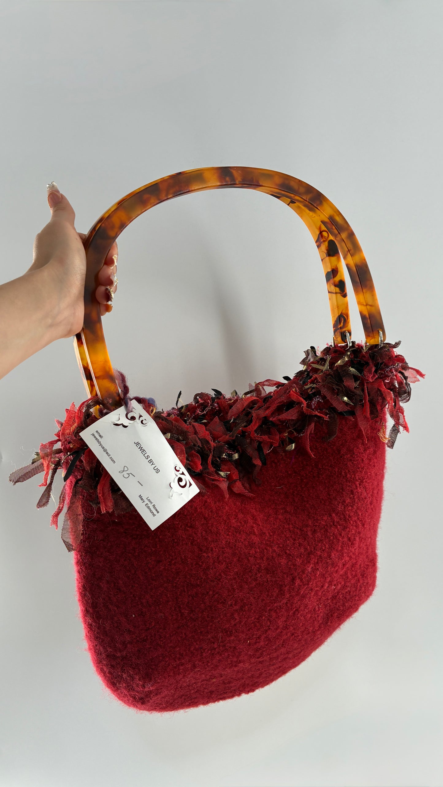 Vintage Handmade Handwoven Red Bag with Tags, Fringe Detailing and Tortoise Shell Handle