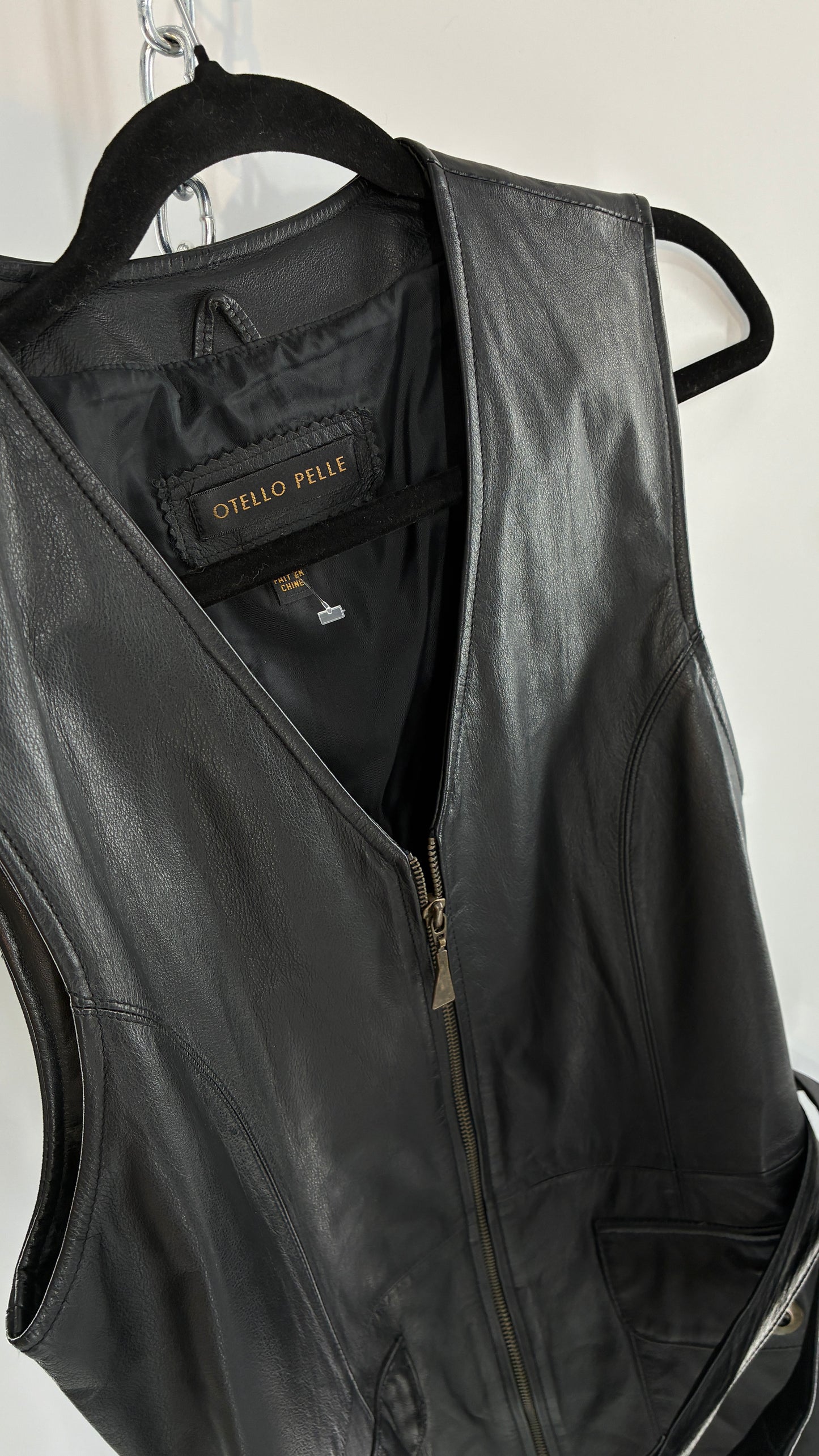 Vintage OTELLO PELLE Black Genuine Leather Belted Vest or Mini Dress Overlay (Small)