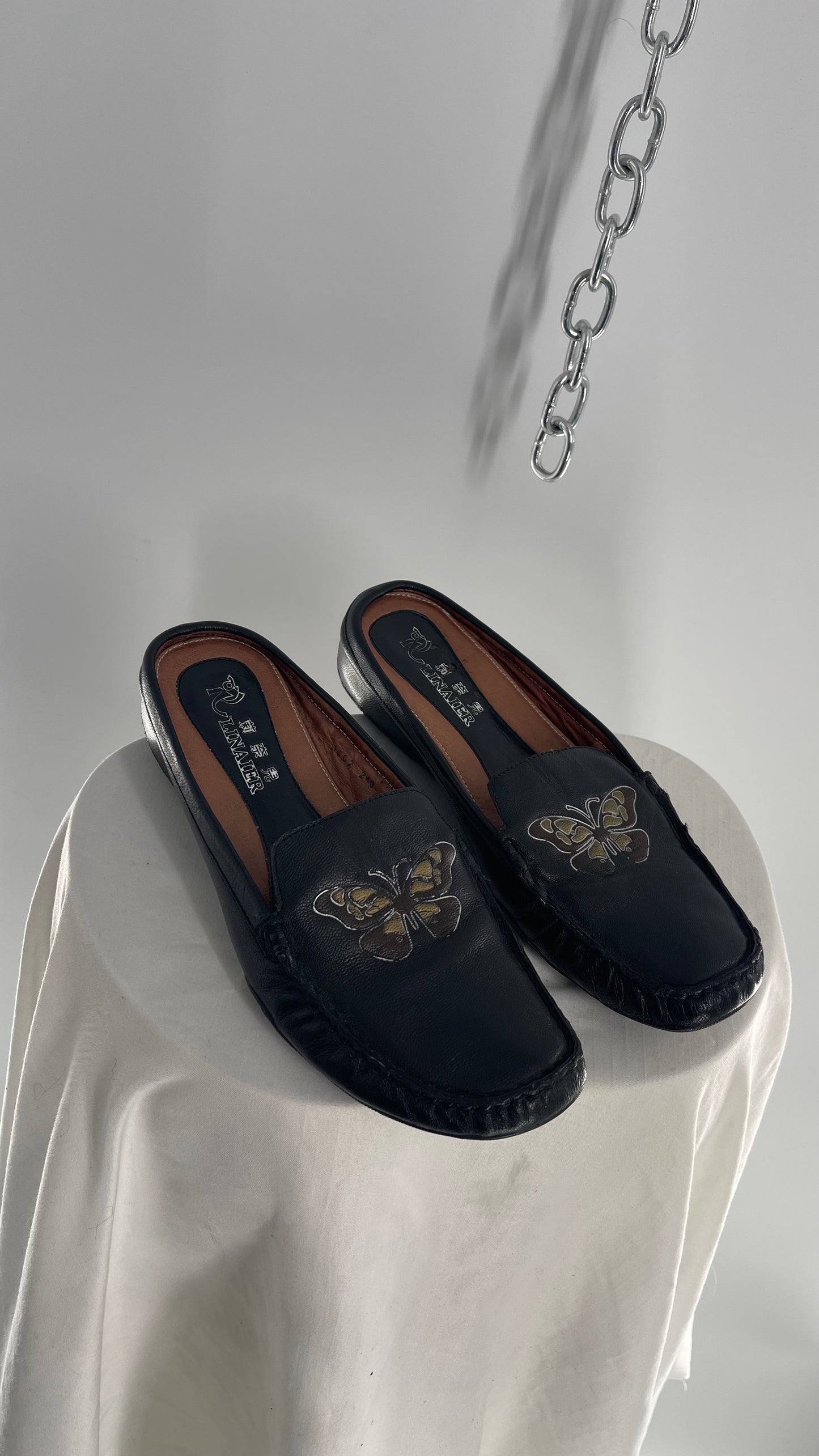 Vintage R Linaier Black Leather Slip Ons with Butterfly Embroidery (6)