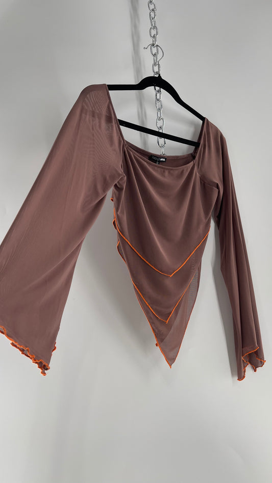 Fashion Nova Brown Mesh Pointed Hem Blouse with Bell Sleeves and Orange Contrast Stitch