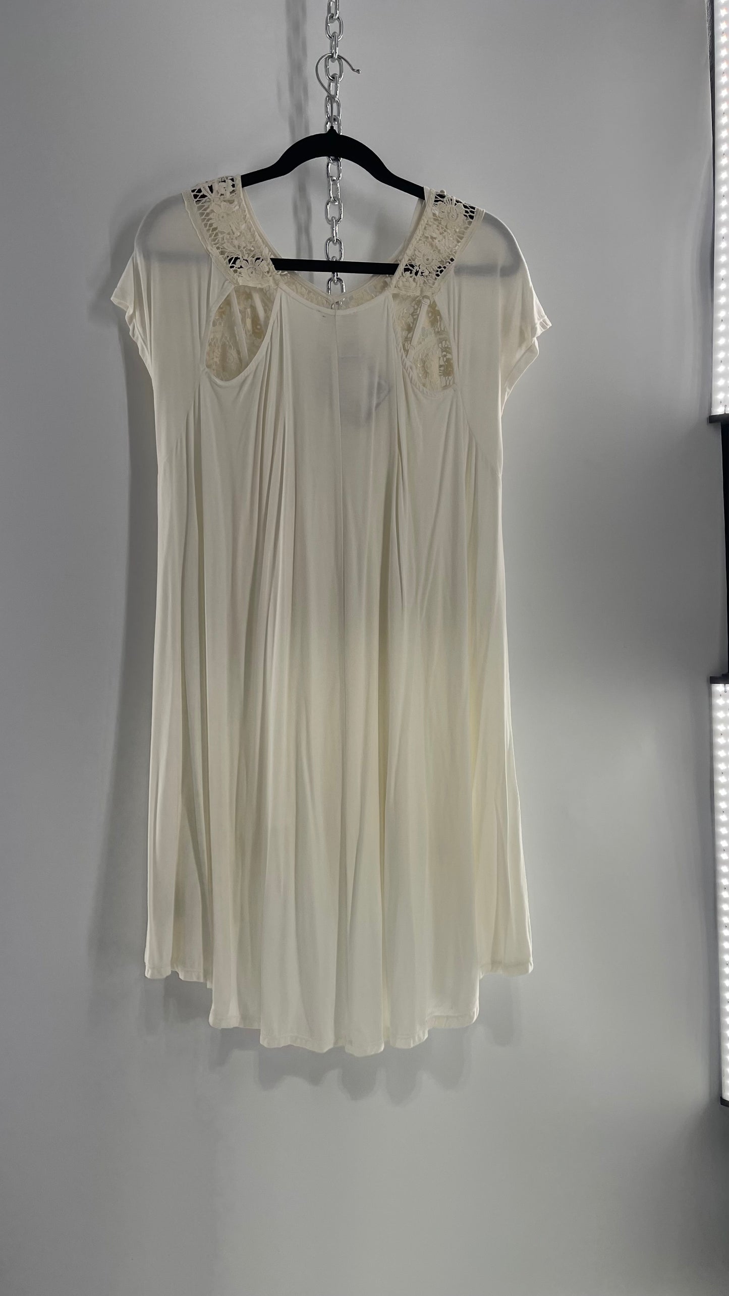 Free People Off White Voluminous Jersey Knit Dress with Lace Detailing (XS)