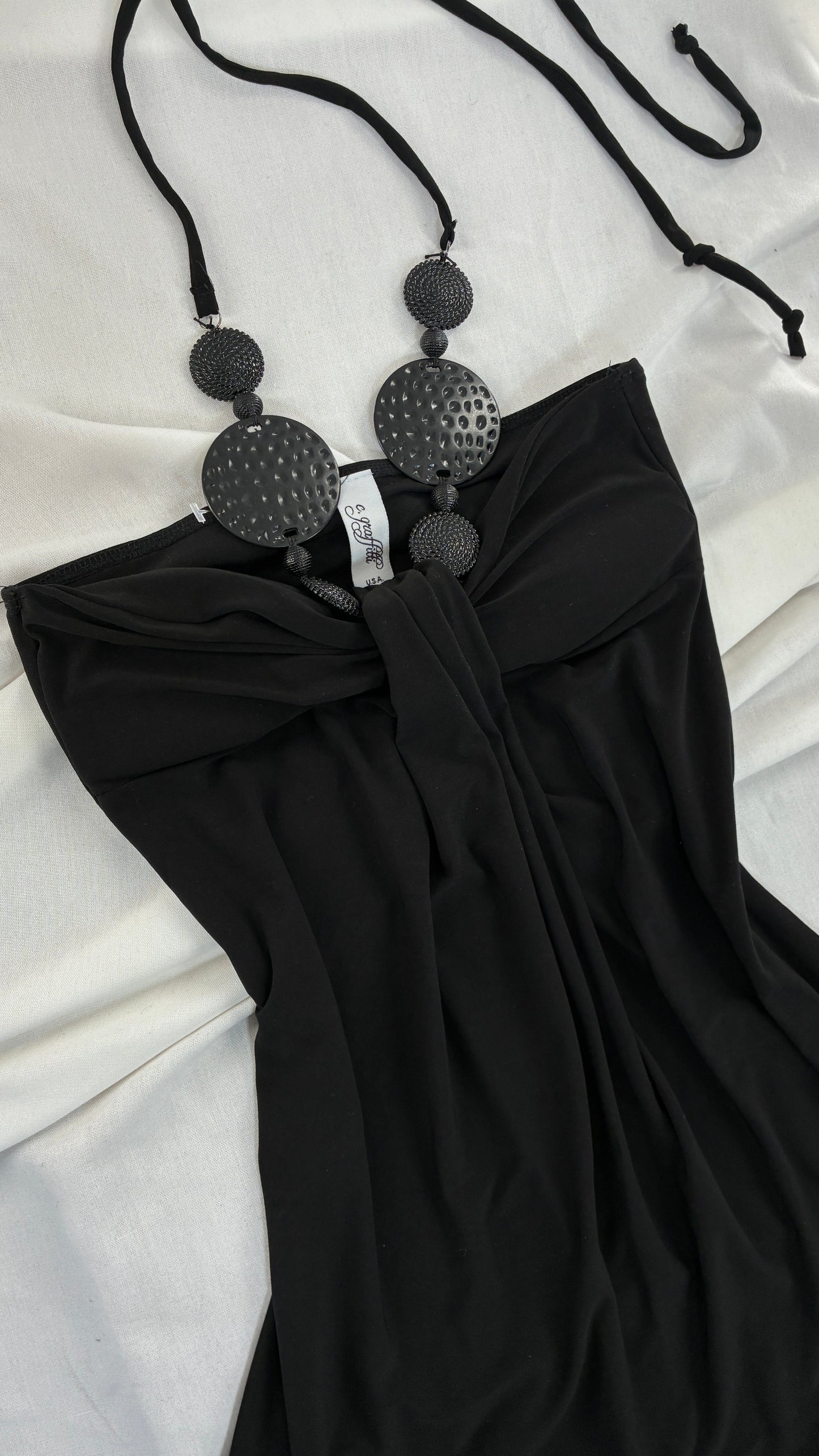 Vintage C.GRAFFITTI Black Mini Dress with Beaded Halter Detail (Small)