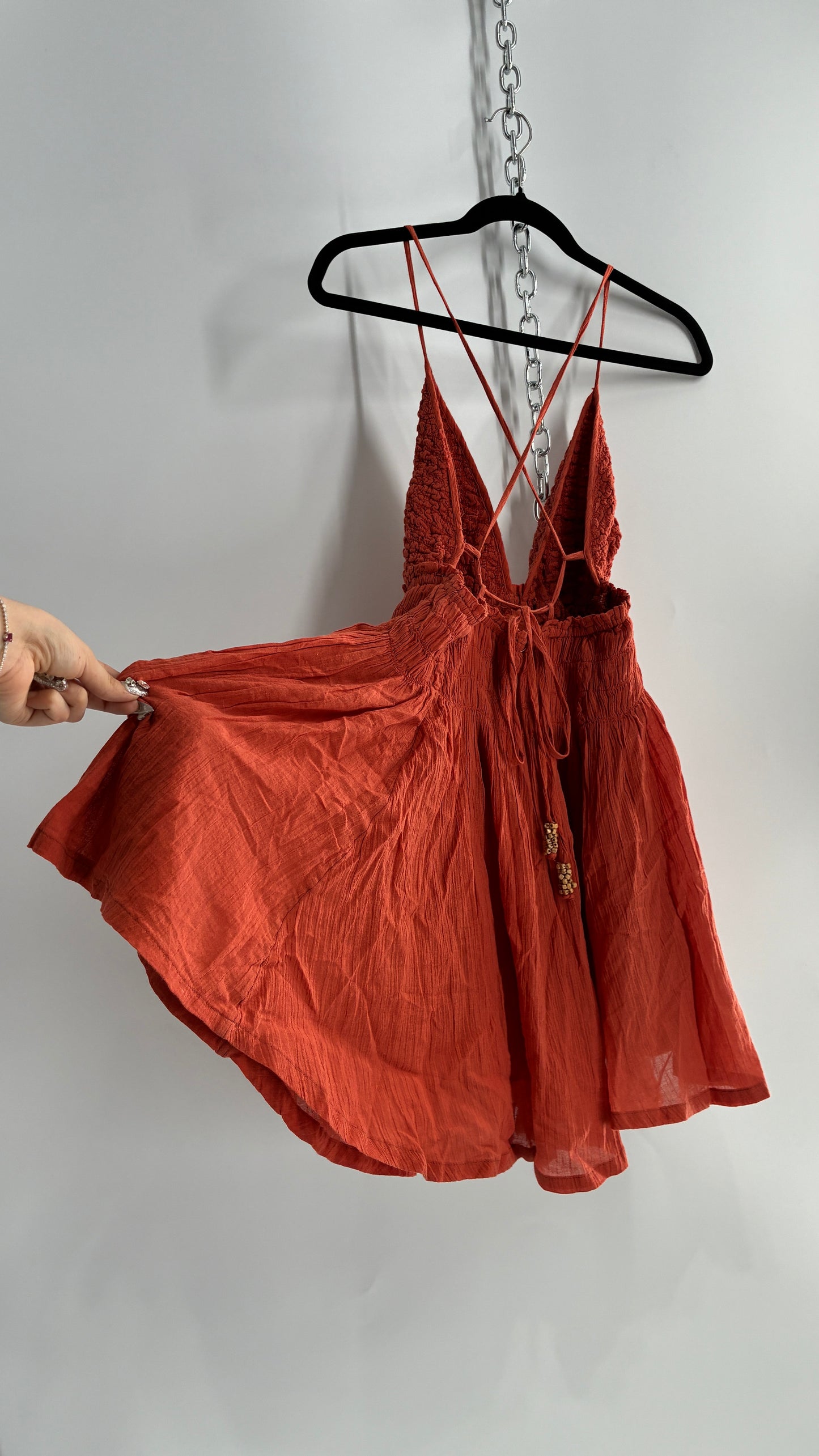 Free People Burnt Orange Smocked Bust Voluminous Mini Dress (Small)