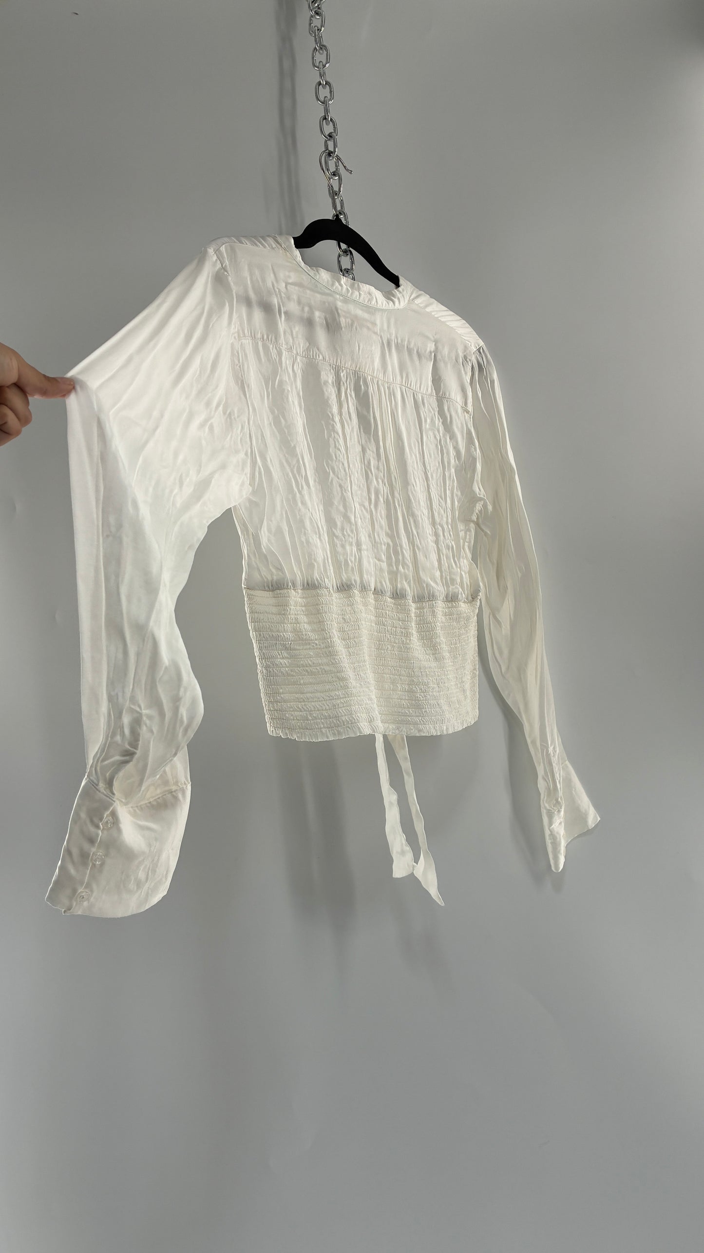 ANTHROPOLOGIE 100% Viscose White Silky Ruche Waist Blouse (Large)