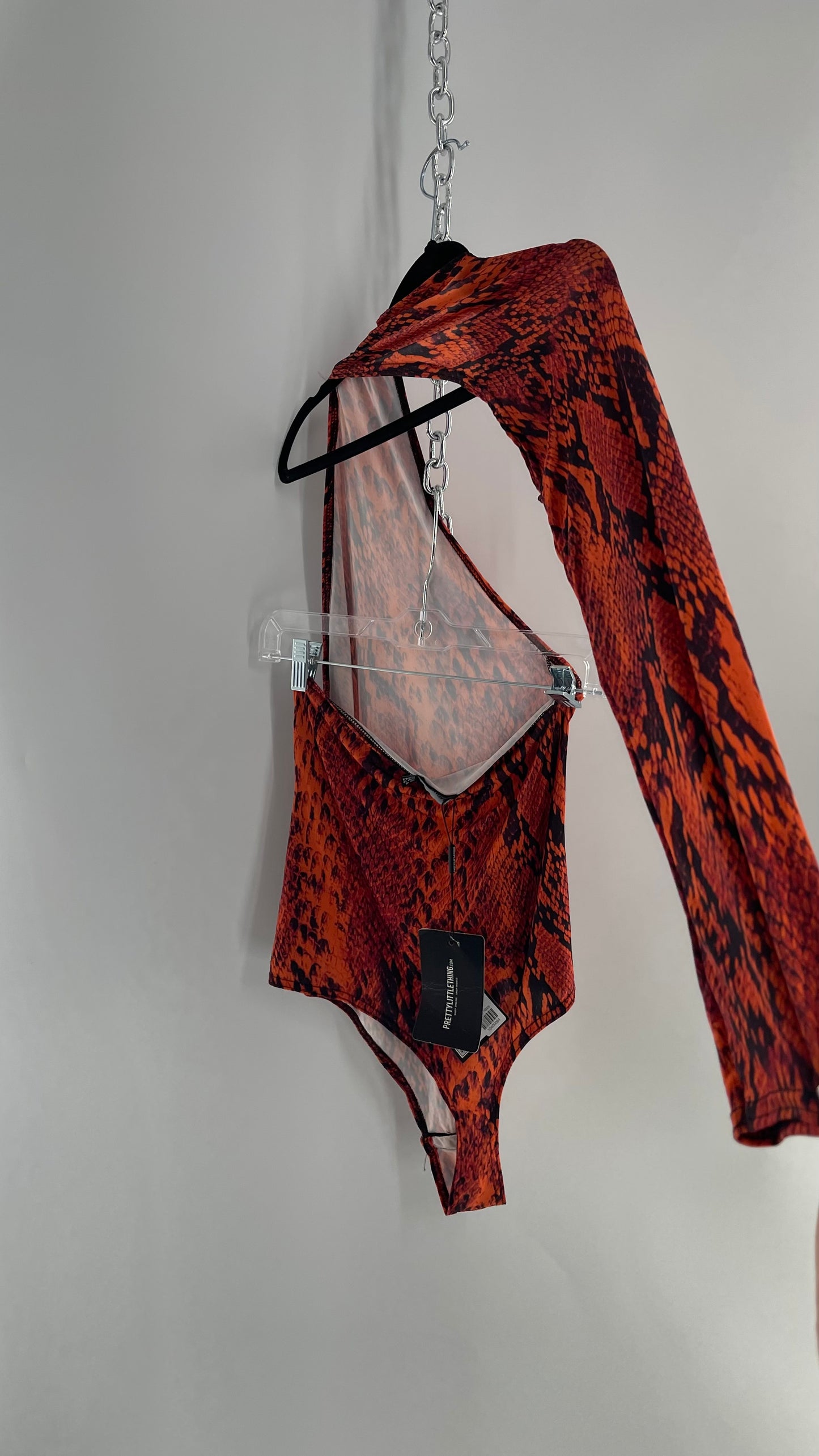 Pretty Little Thing Orange Snake Print Wrap Around Single Sleeve Bodysuit with Tags Attached(12)