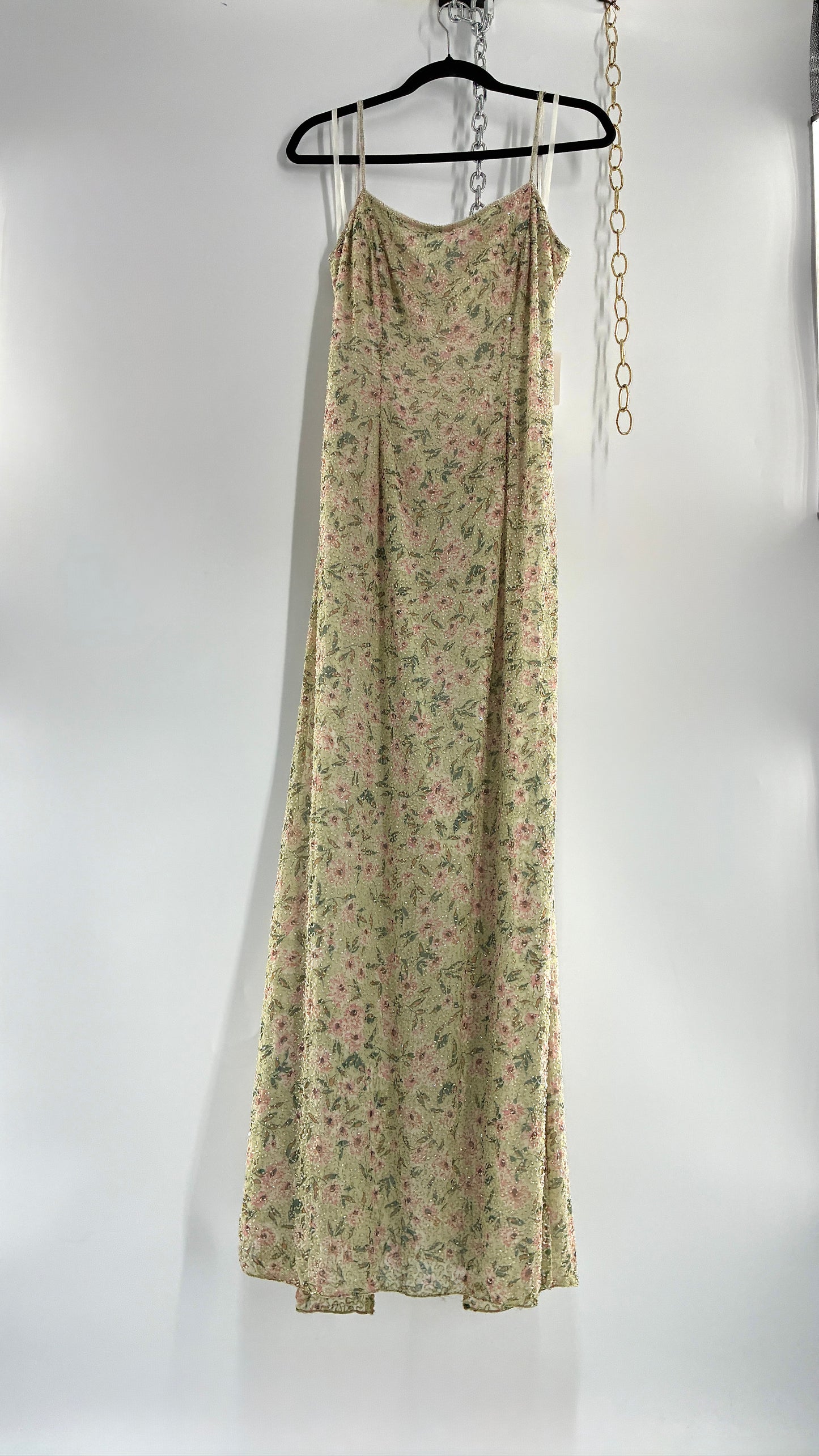 Deadstock Vintage Sage Green Beaded Floral Gown with Open Back, Built in Bust Padding, and Tags Attached (XL)