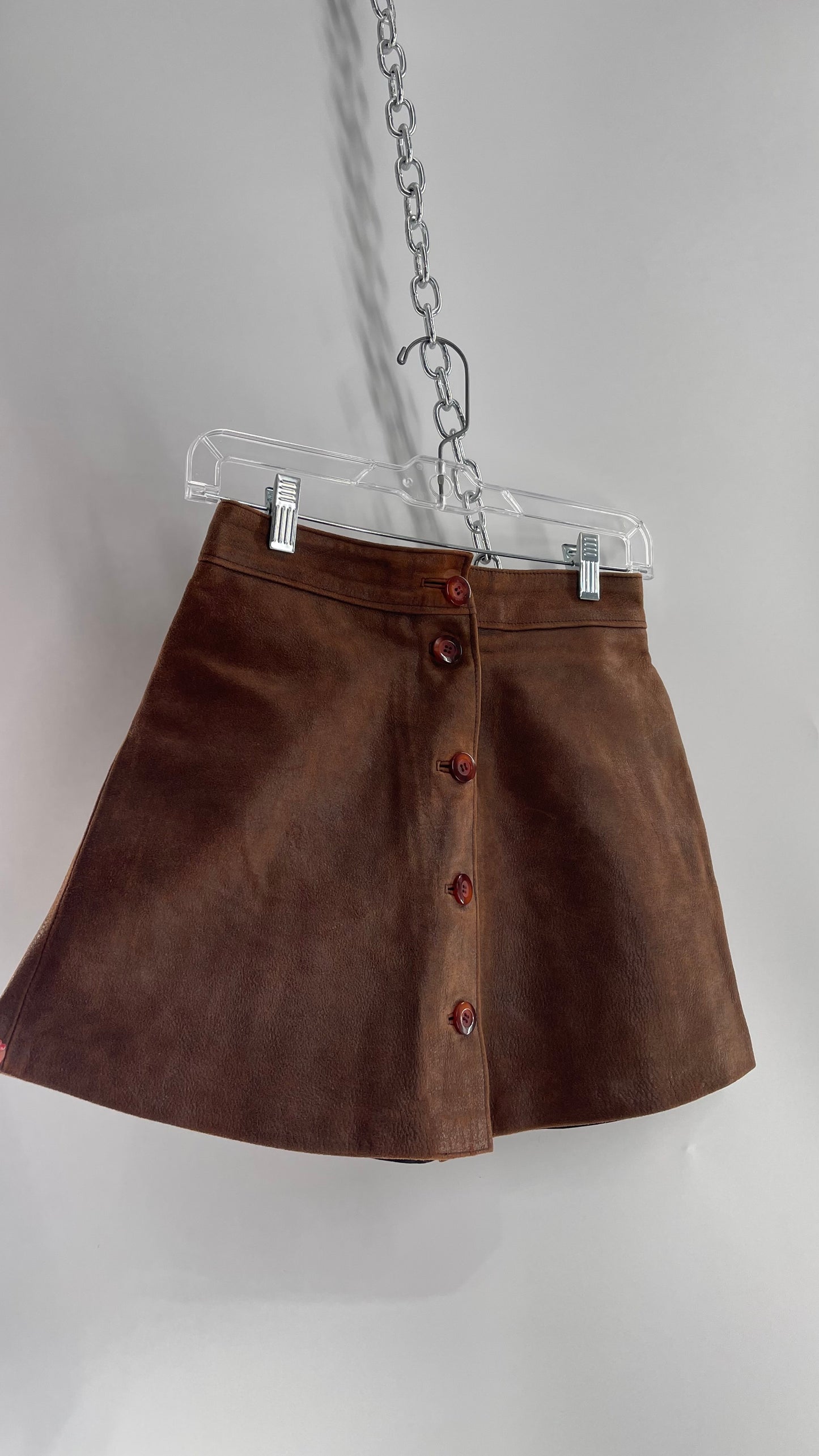 Vintage 1970s Brown Leather Button Front Mini Skirt (XS)