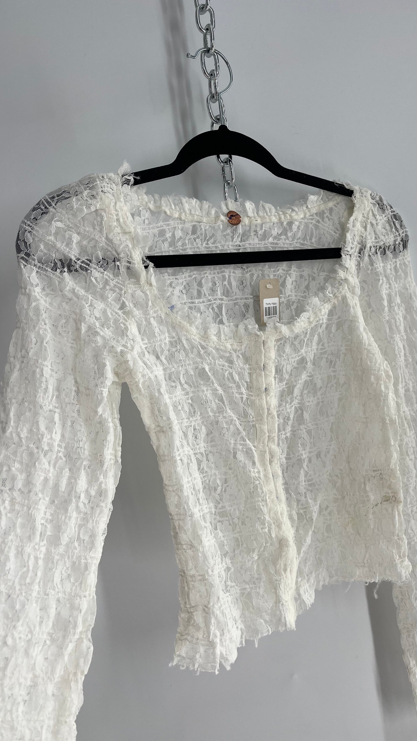 Free People White Smocked Lace Long Sleeve with Eyelet Closure (Large)