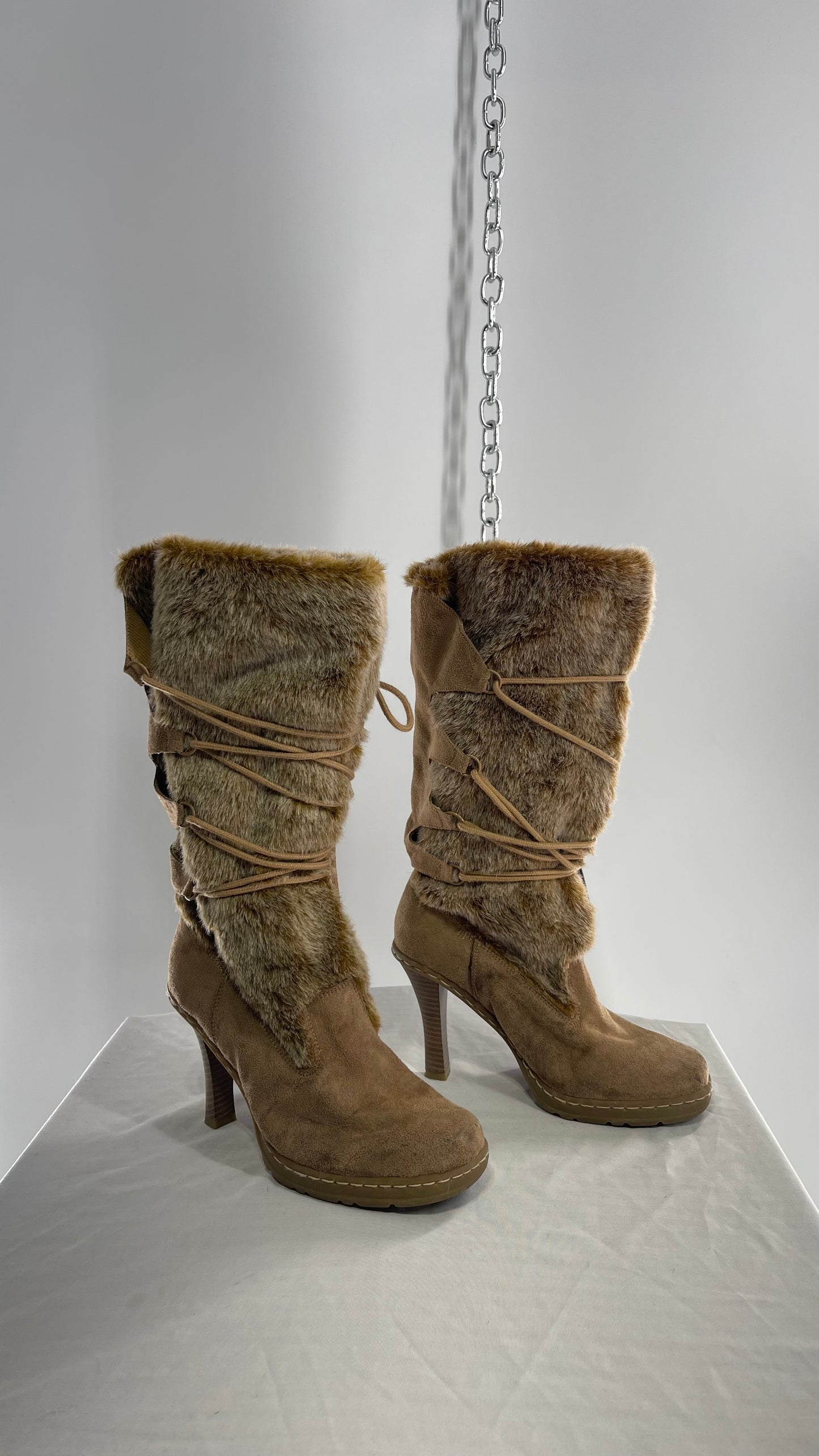 Vintage Round Toe Faux Fur Booties with Tie Up Details (7.5)