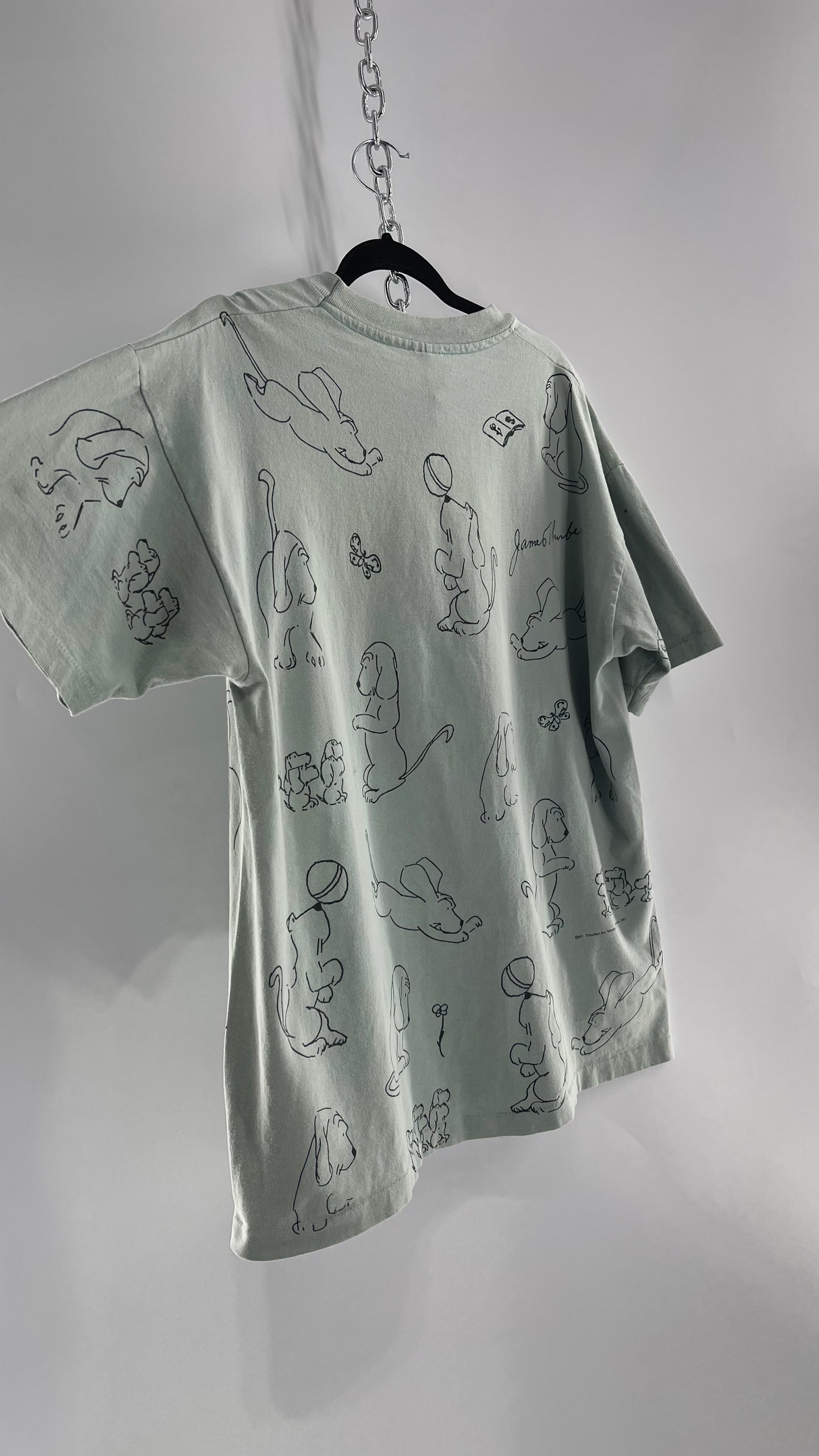 Vintage James Thurber Light Sage Nostalgic Puppy Doodle Comic Sketch T Shirt (XL)