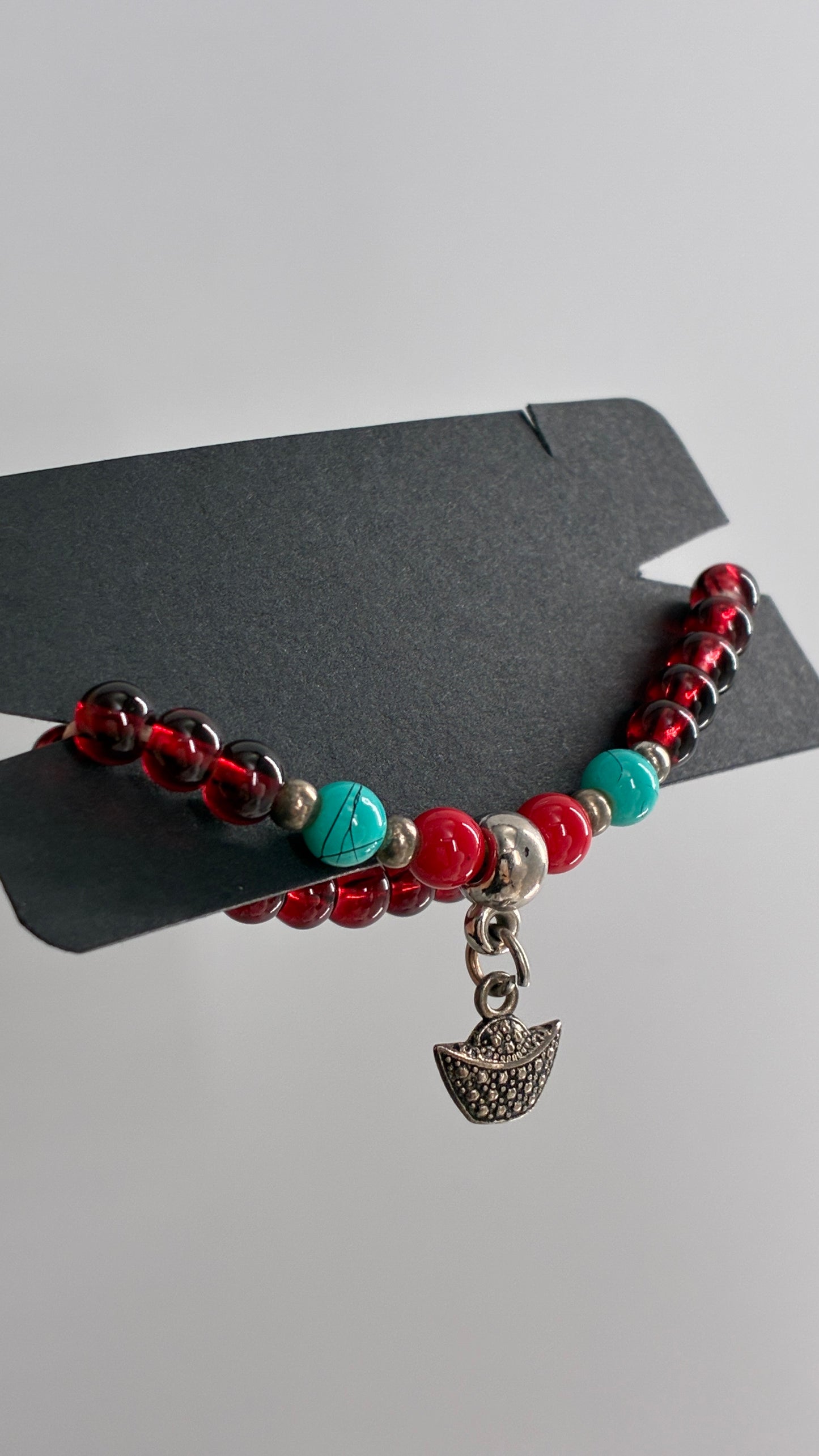 Vintage Red Turquoise Beaded Basket Charm Bracelet