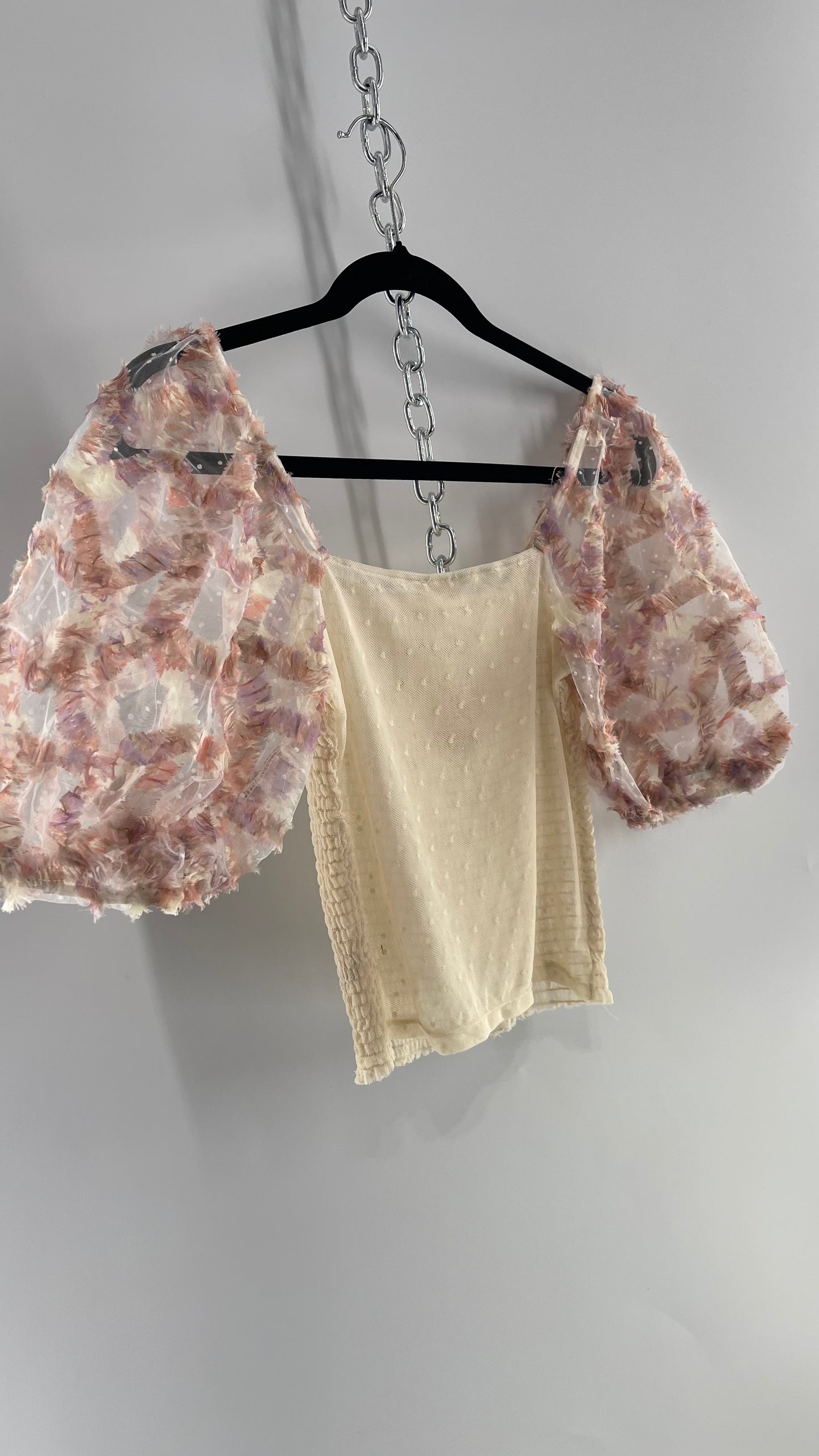 Free People Flower Girl Delicate Romantic Puff Sleeve Top with Smocked Mesh Body (Small)