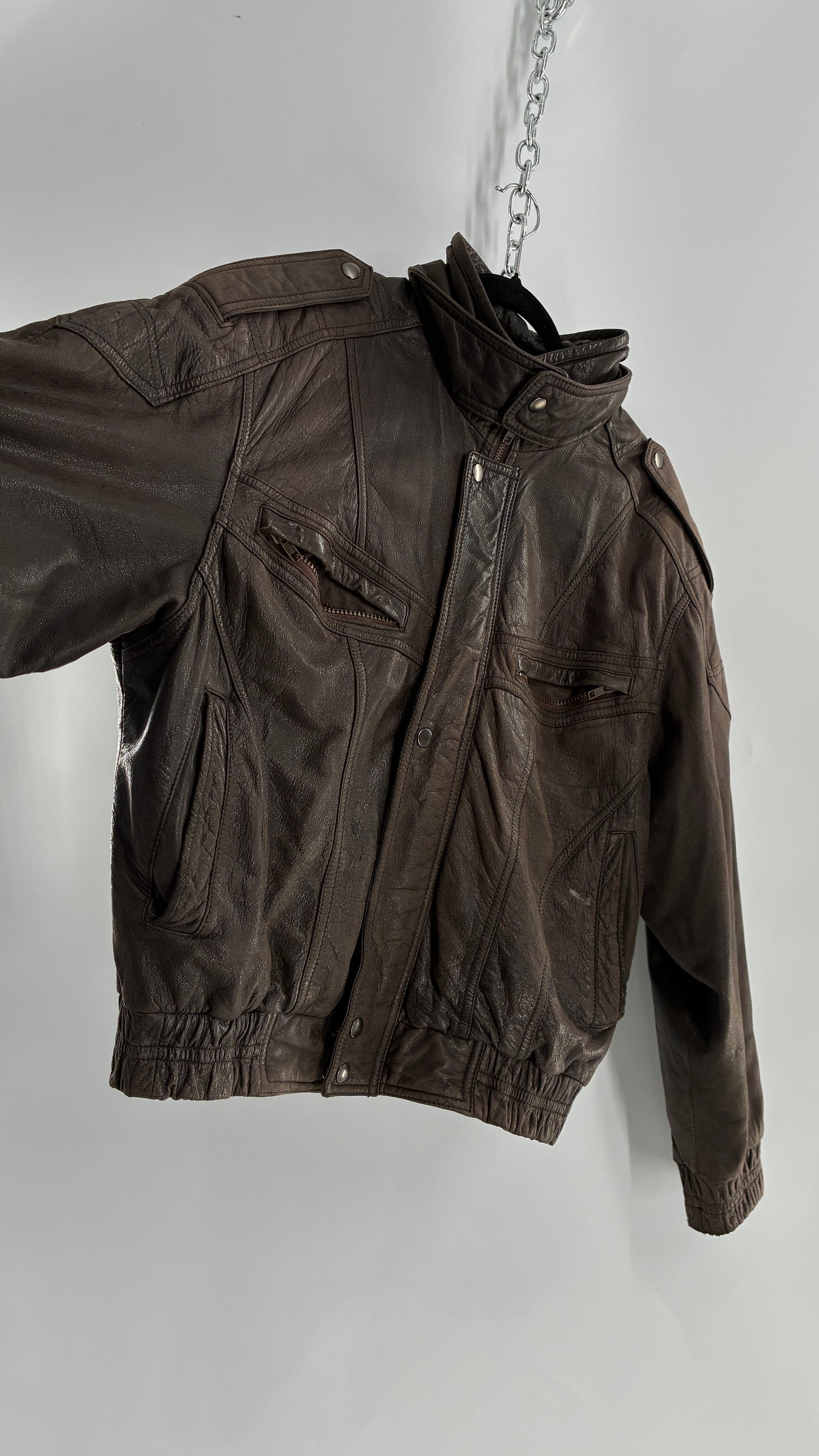 Vintage SAXONY Distressed Leather Bomber Jacket (Medium)