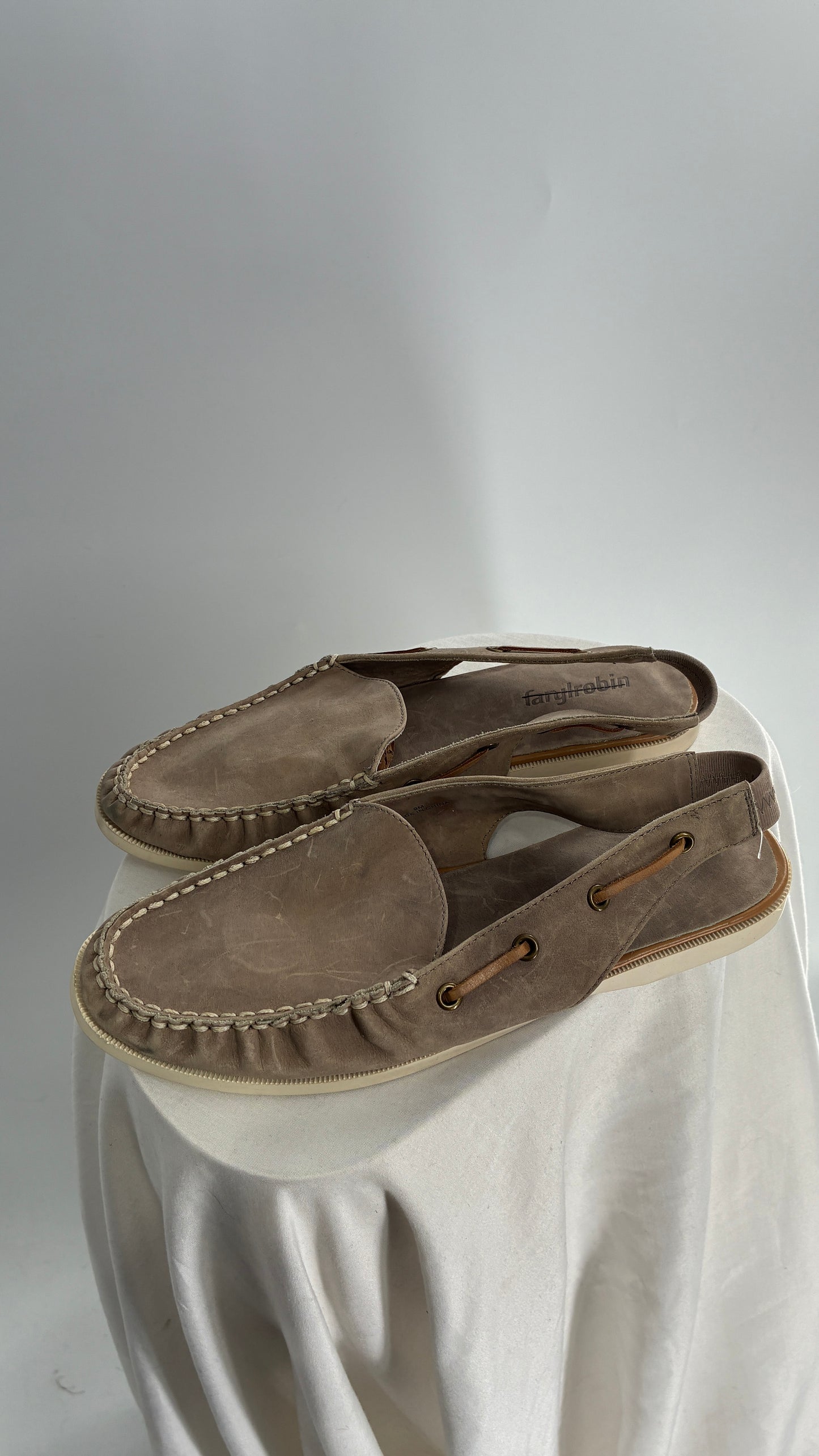 FARYL ROBIN Genuine Leather Taupe Slingback Boat Shoes (9)