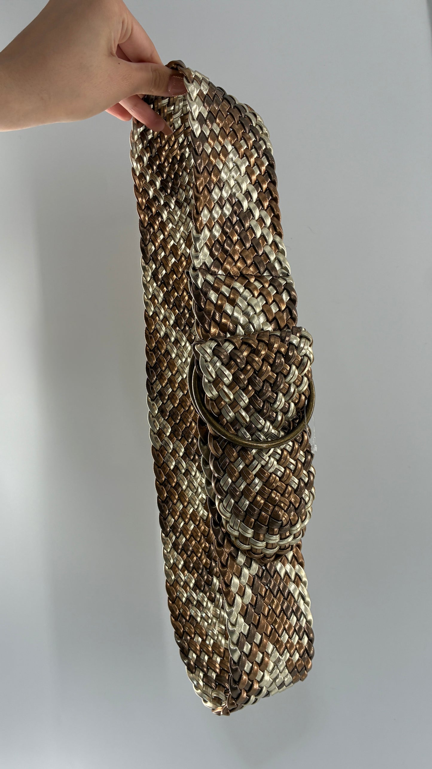 Vintage Metallics Silver Bronze Woven Wide Hip Belt with Oversized Bronze Round Buckles (One Size)