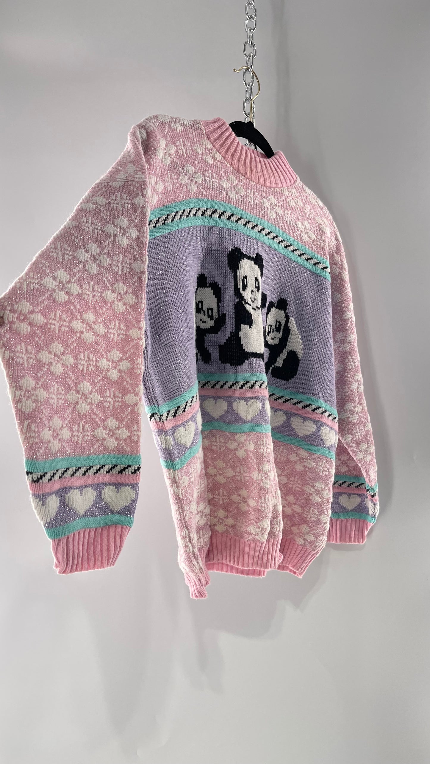 RARE 80s Vintage Adele Pastel Pink, Purple, Mint Silver Tinsel Sweater with Anime/Manga Art Style Pandas (Medium)