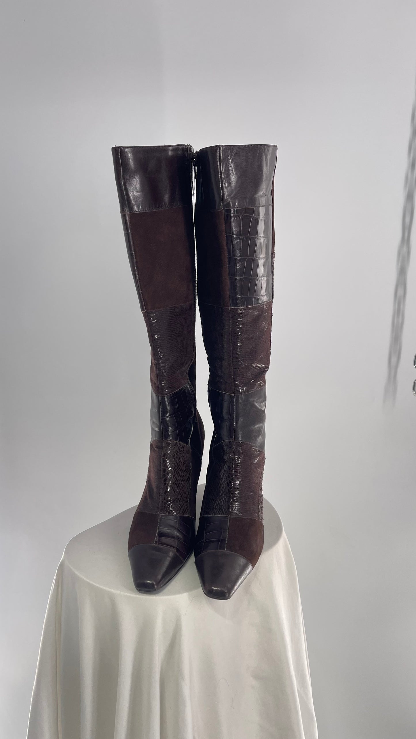 Vintage Bandolino Pointed Toe Patchwork Leather Knee High Boots (10)