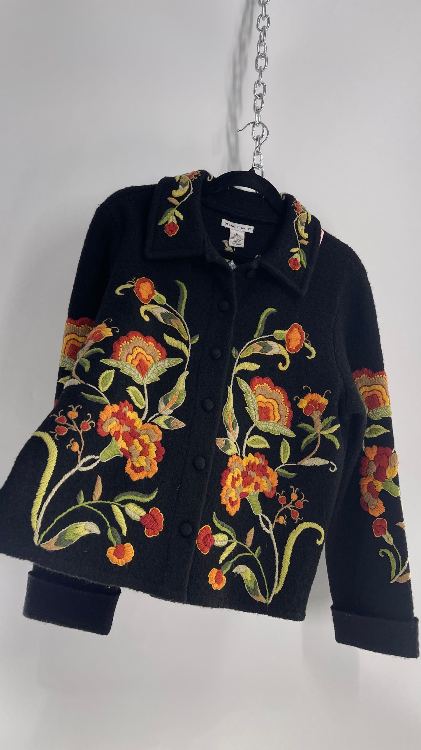 Deane & White Black 100% Wool Orange and Yellow Embroidered Flower Cardigan Jacket (Large)