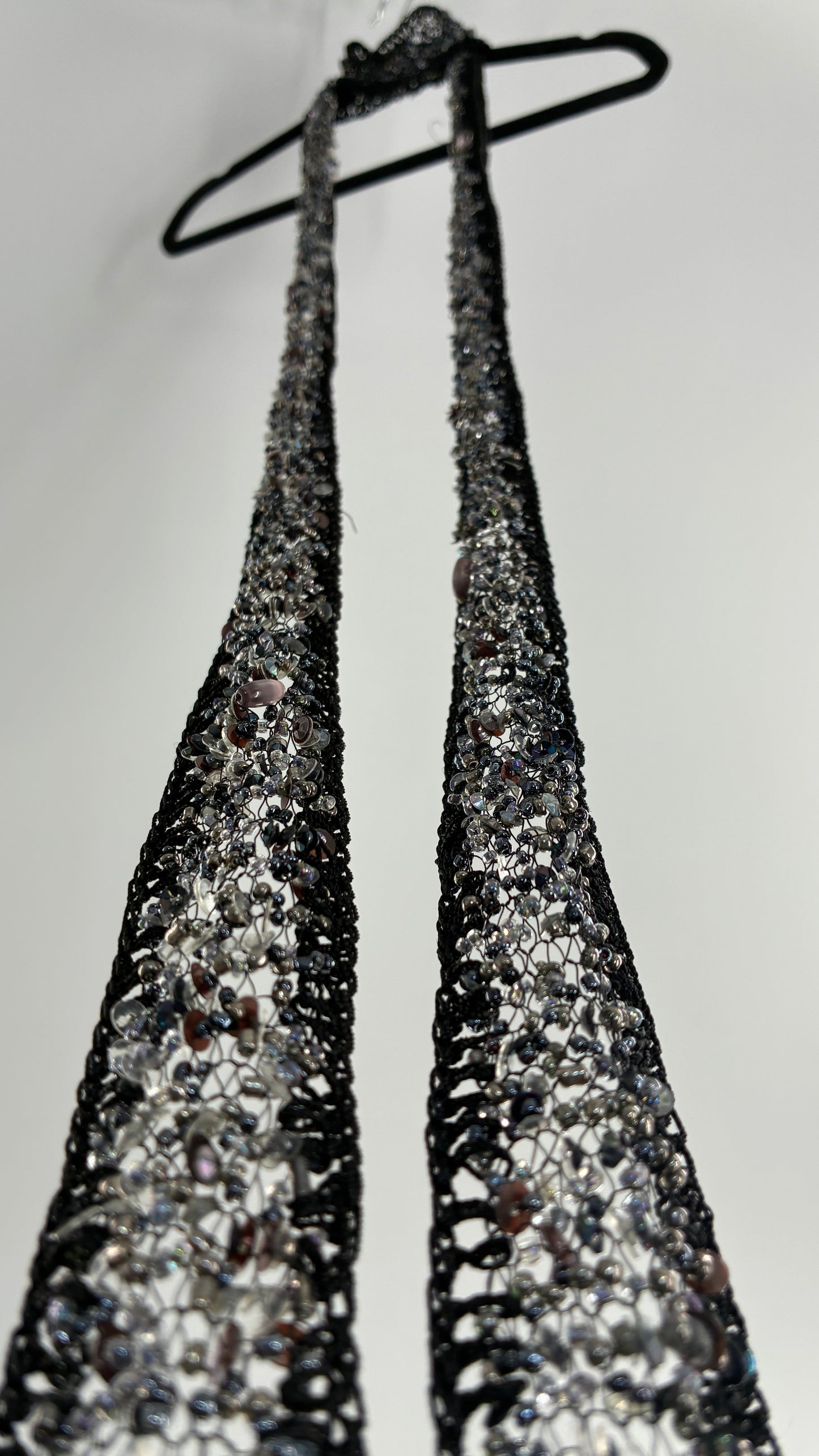 Vintage Black Netted + Crochet Scarf Necklace Covered in Heavy Beading