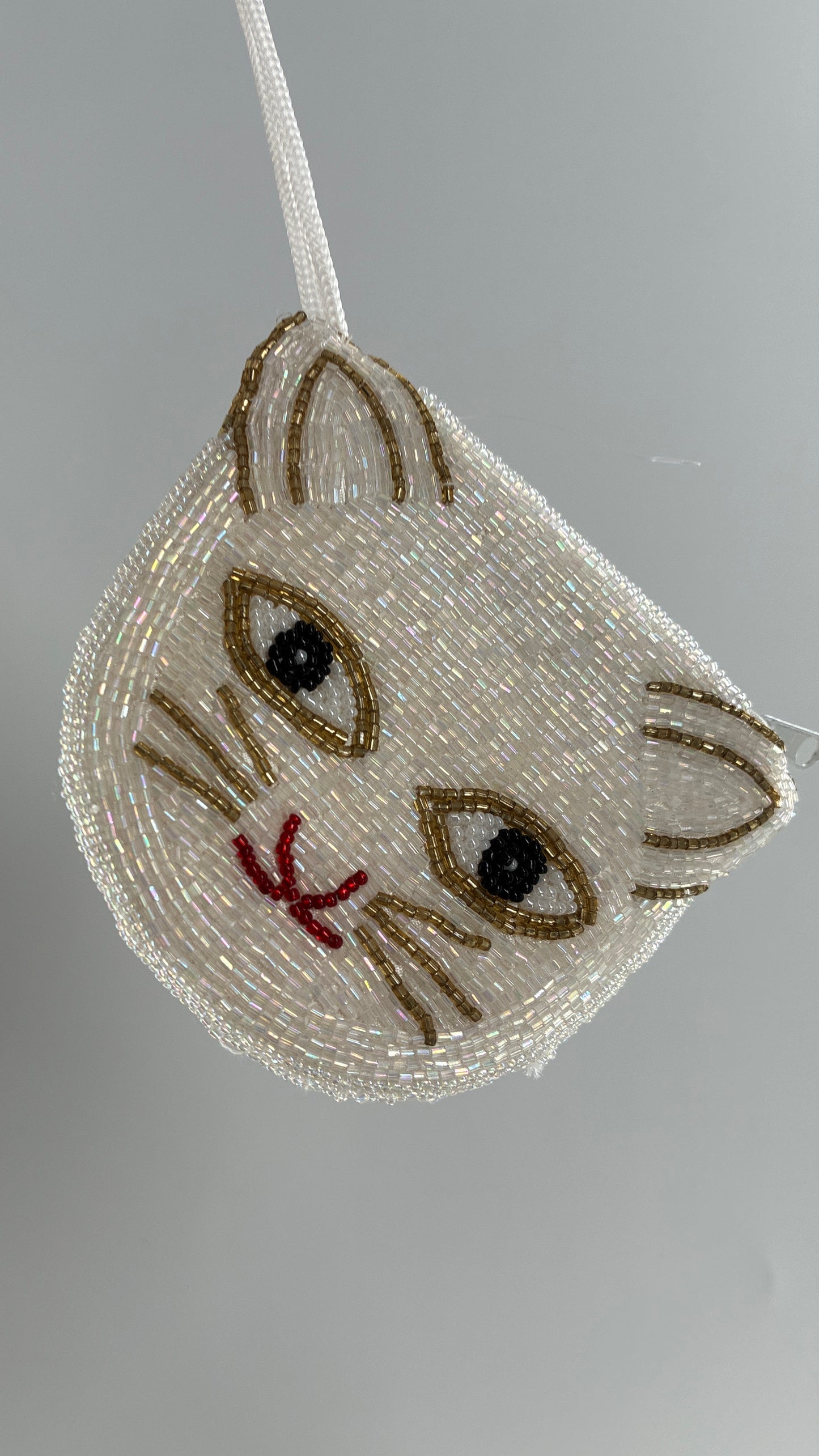 Vintage Beaded White Cat Head Coin Pouch