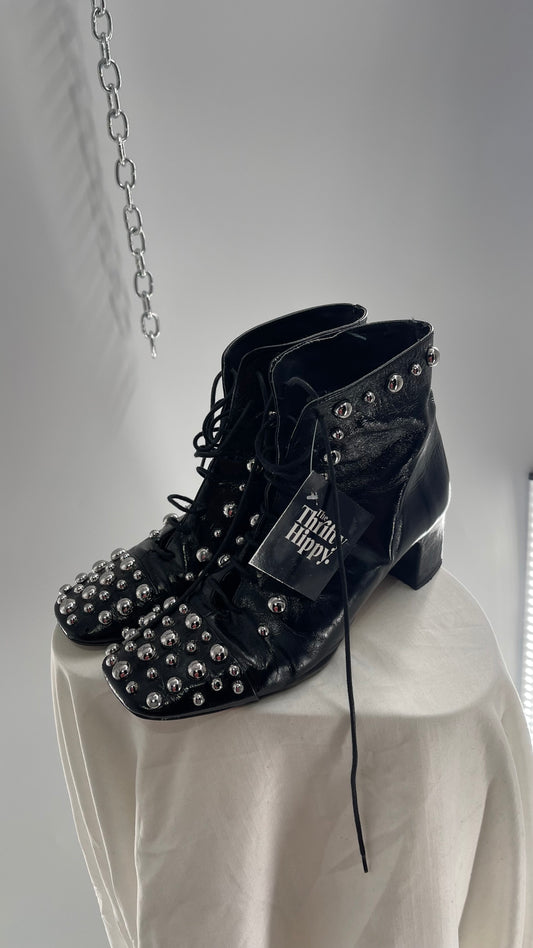 ZARA COLLECTION Worn Dramatic Studded Heeled Combat Boots (40)