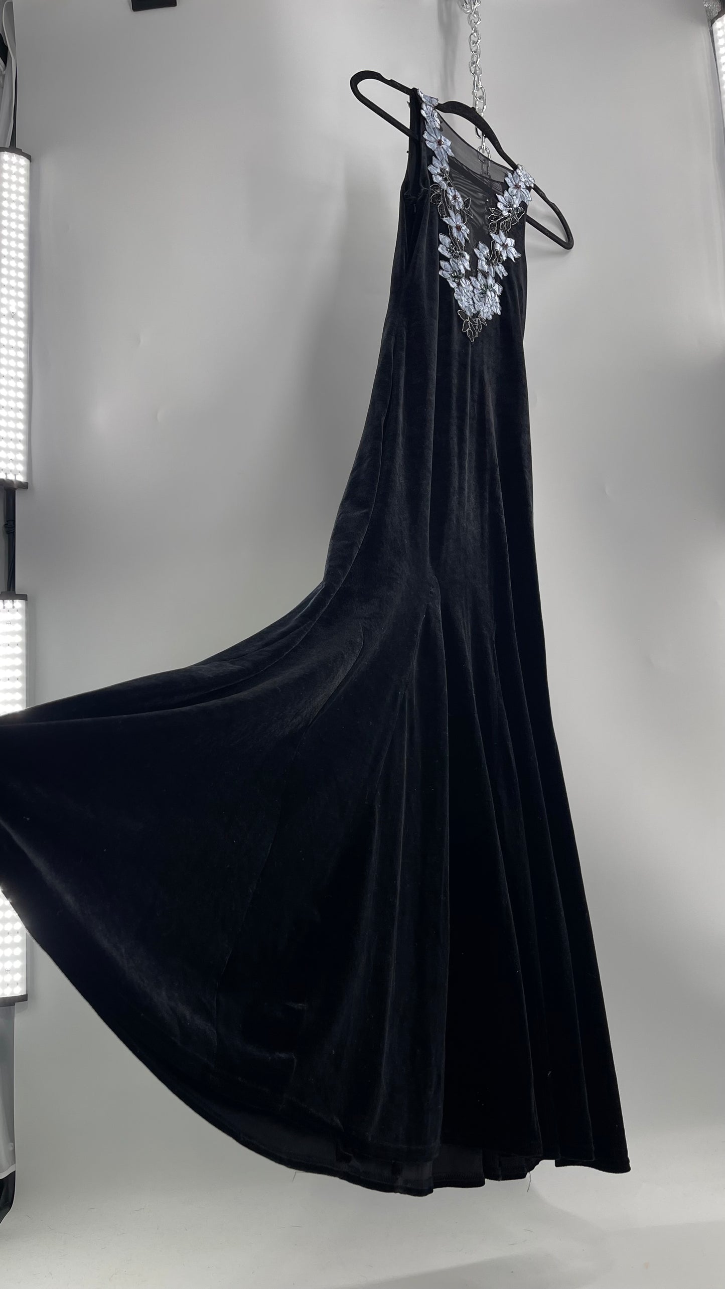 Vintage Jessica McClintock Black Velvet Fit And Flare Gown with Plunging Neckline Covered in Embroidered Beaded Pale Blue Flowers (2)