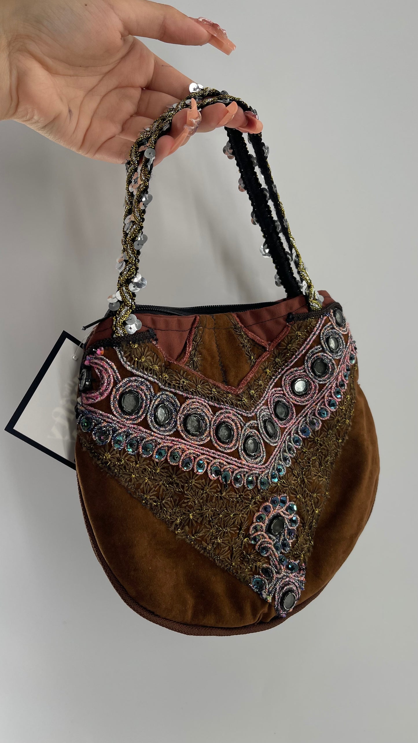 Vintage Brown Velvet Mini Bag with Embroidery, Mirrors and Appliqués