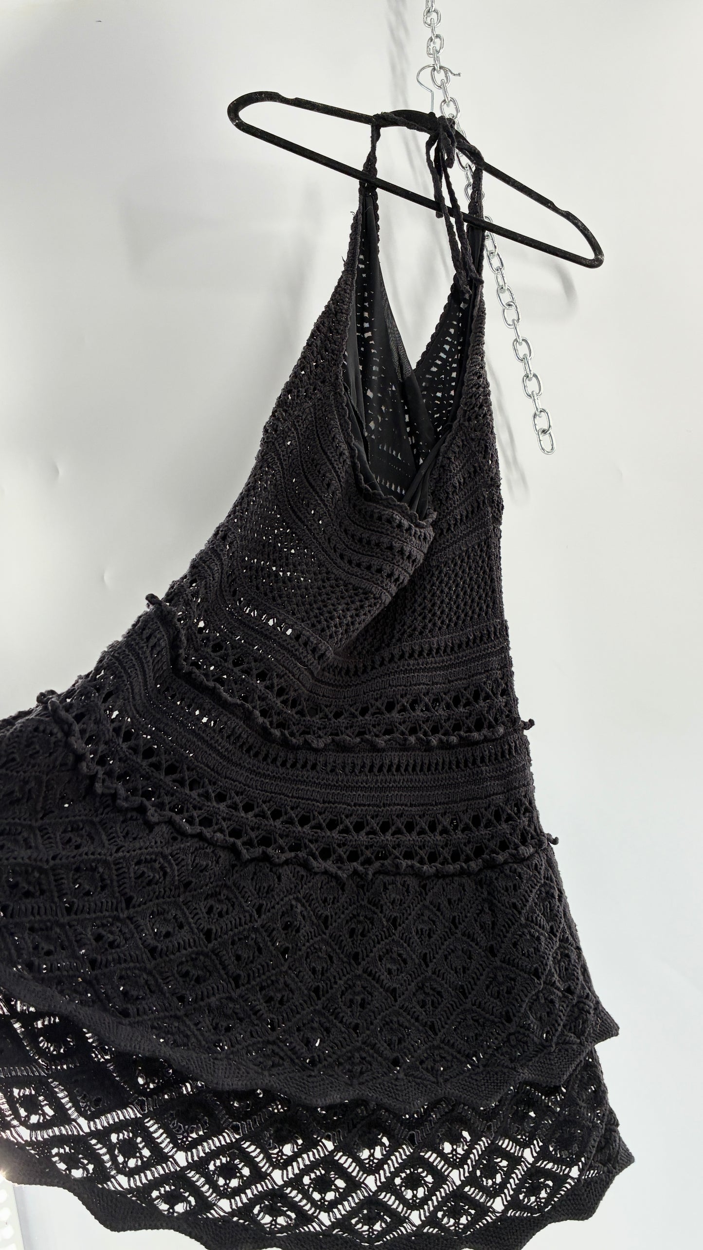 Vintage MODA INTERNATIONAL Black 100% Cotton Crochet Mini Halter Dress with Ruffled Skirt (Medium)