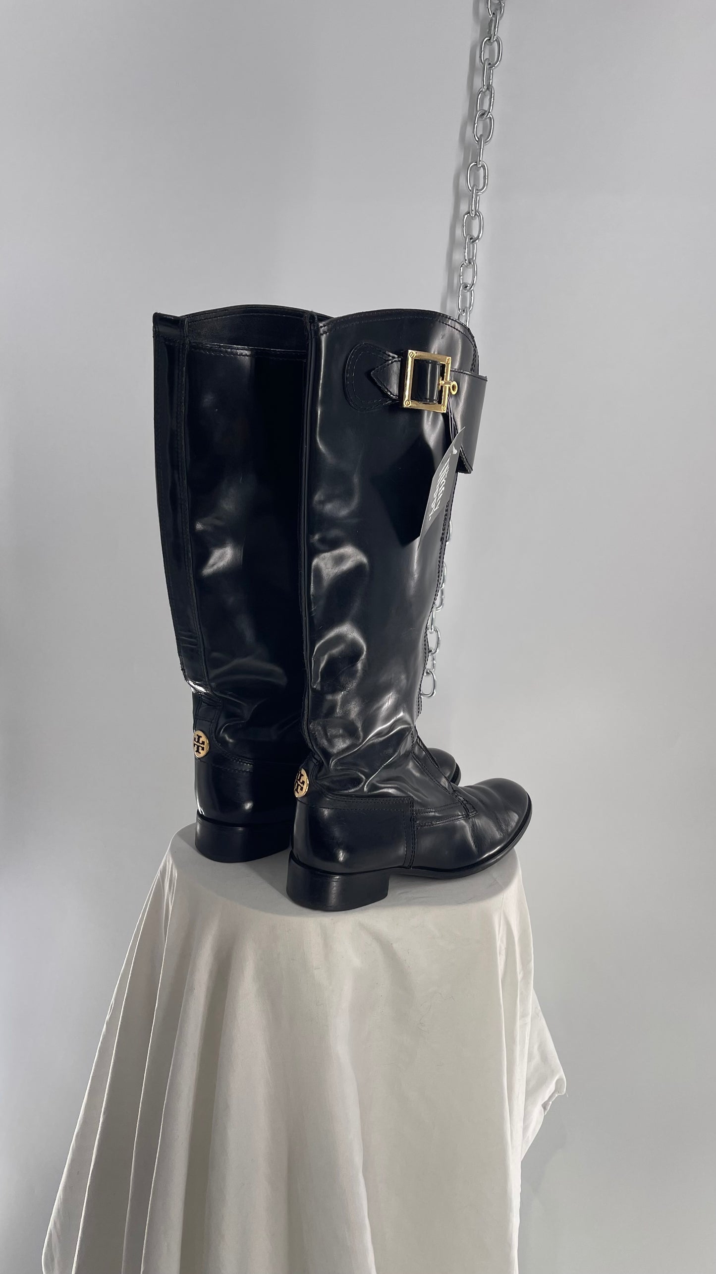 Vintage Tory Burch Patent Leather Bronze Zipper Front Riding Boots (8)