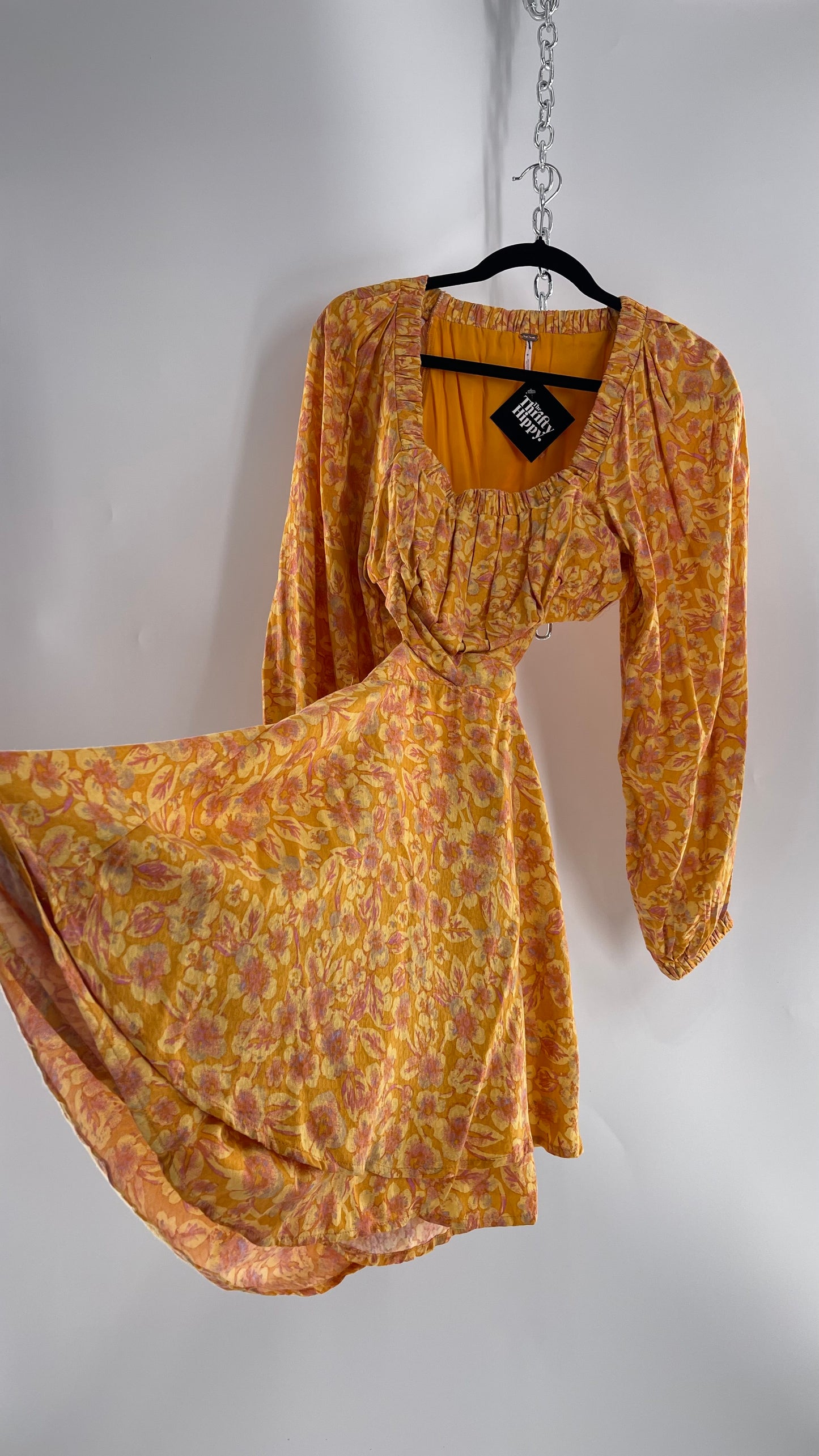 Free People Yellow Cut Out Golden Florals Dress with Ruched Bust and Balloon Sleeves (XS)