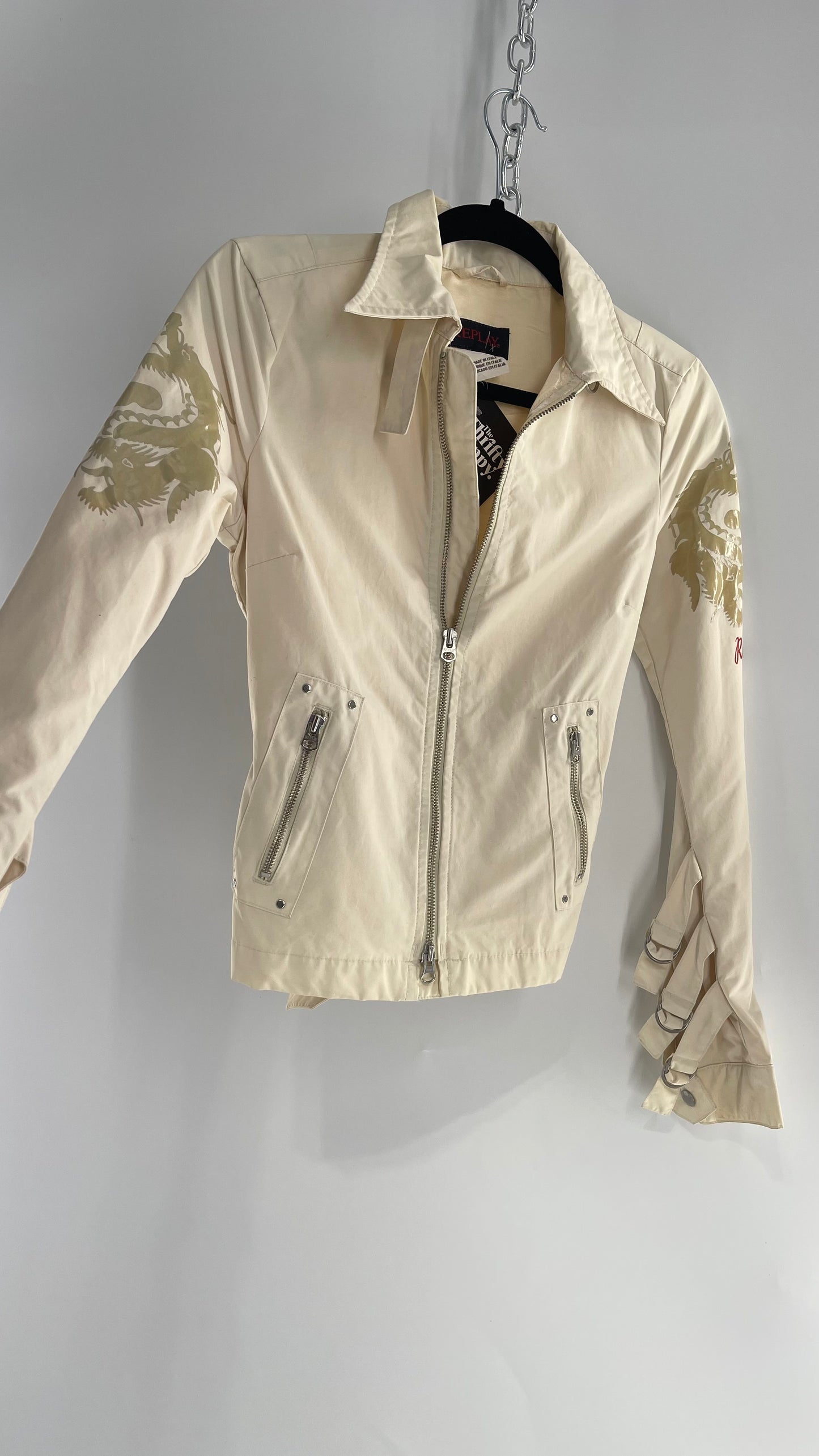 Vintage REPLAY Beige 1990s Italian Moto Jacket with Embossed Buttons, Buckle Cuffs, Dragon Graphic and Neck Strap (XS)