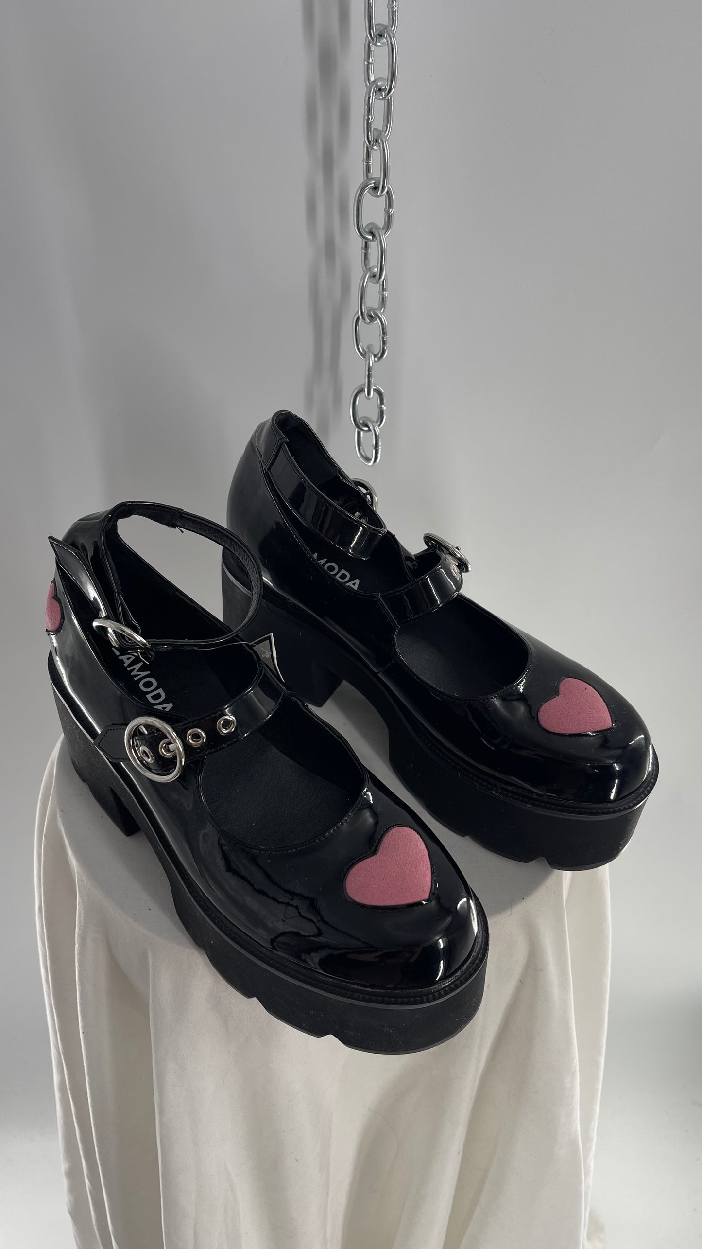 LaModa Ironic Black Patent Multibuckle Mary Jane with Pink Hearts (8)