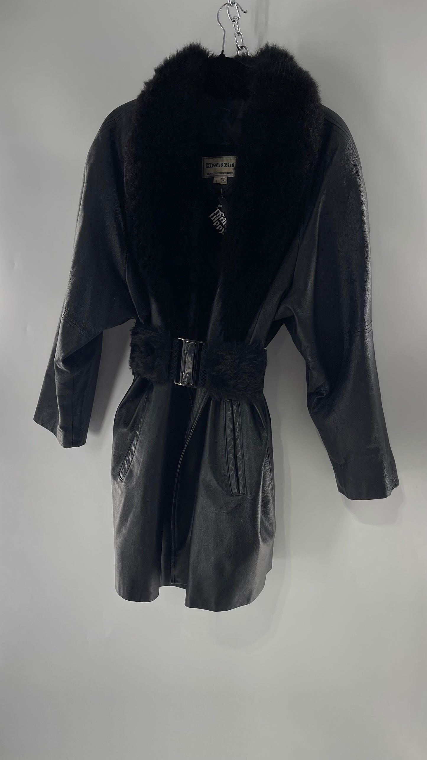 FITZWRIGHT Vintage Black Leather Coat with New Zealand Opposum Fur Collar and Faux Fur Belt  (C)(Large)