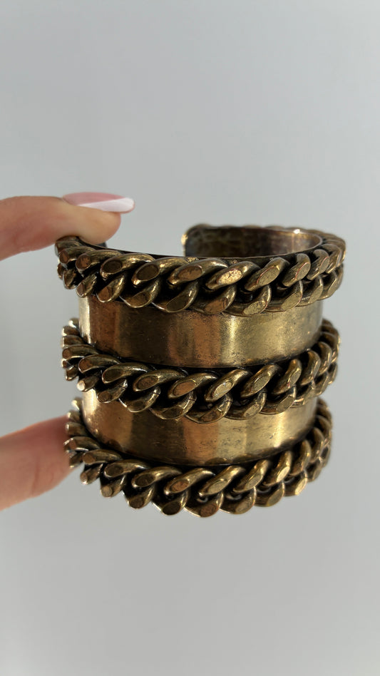 Vintage J CREW Brass Bangle, Cuff with Heavy Chain Detail