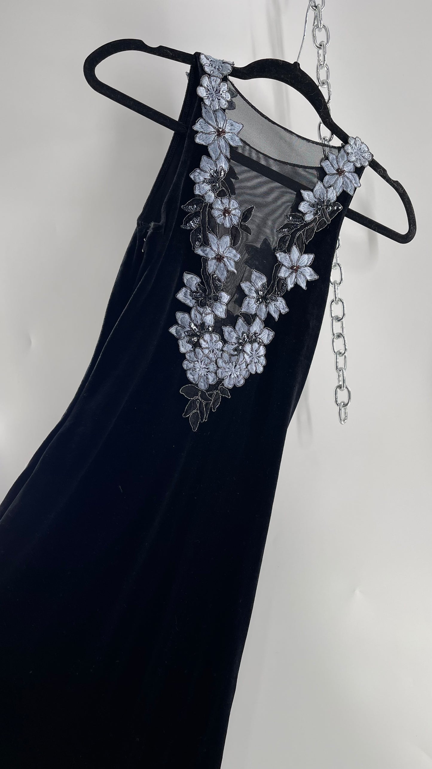 Vintage Jessica McClintock Black Velvet Fit And Flare Gown with Plunging Neckline Covered in Embroidered Beaded Pale Blue Flowers (2)