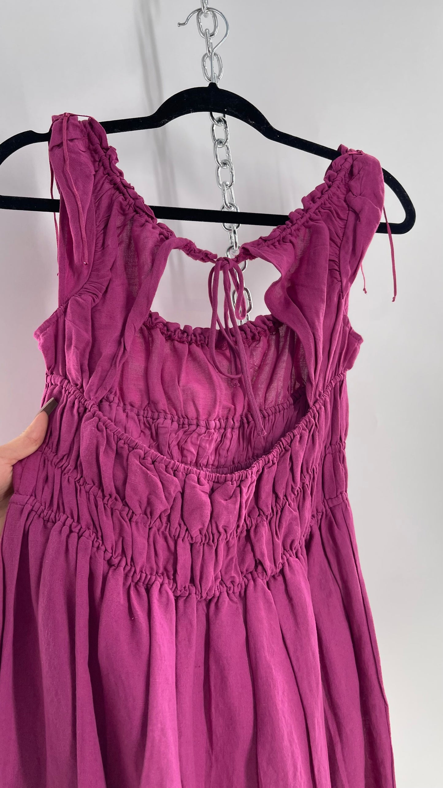 Anthropologie Mauve Cotton Dress with Smocked Bodice and Open Back (XS)