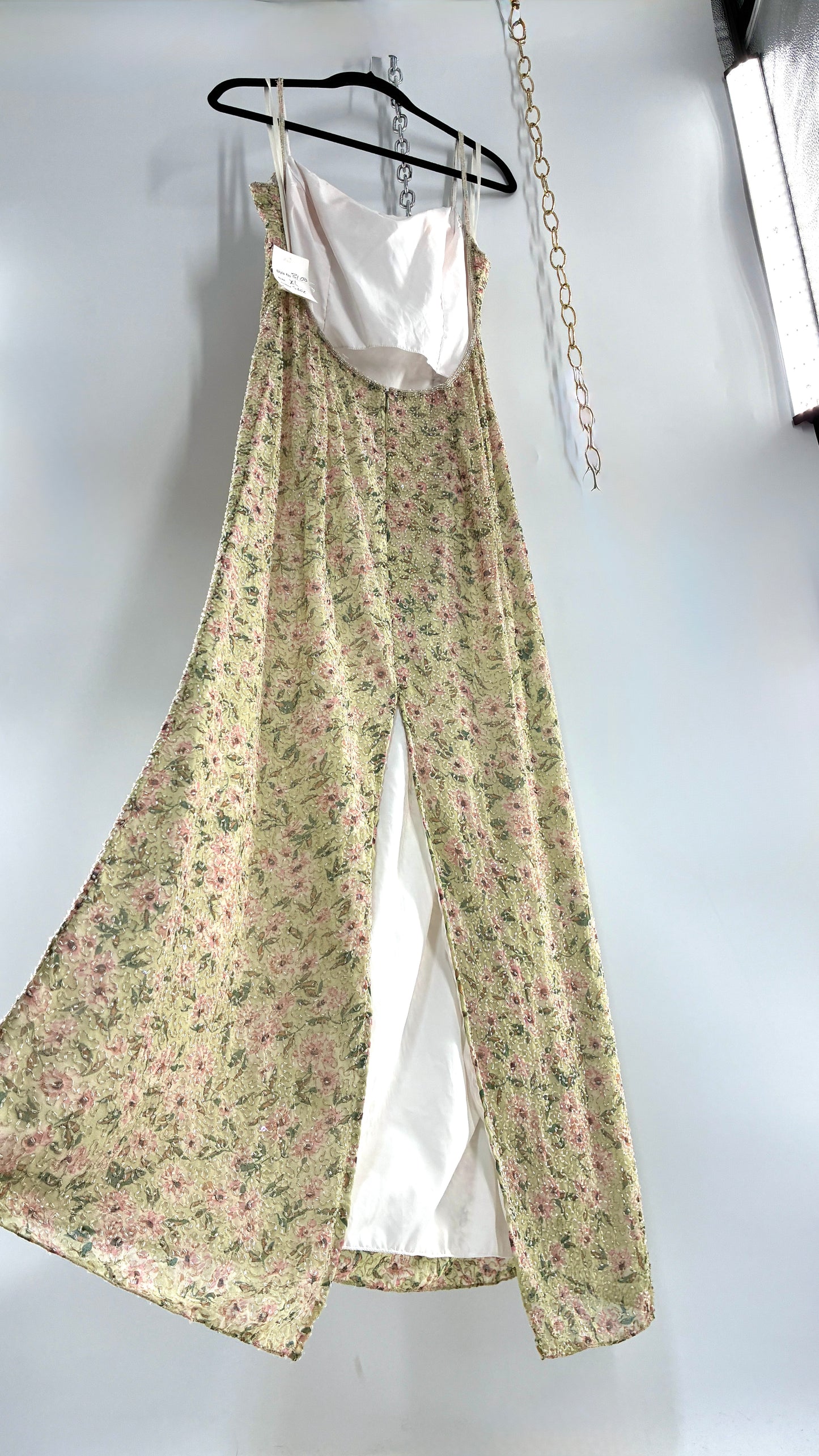 Deadstock Vintage Sage Green Beaded Floral Gown with Open Back, Built in Bust Padding, and Tags Attached (XL)
