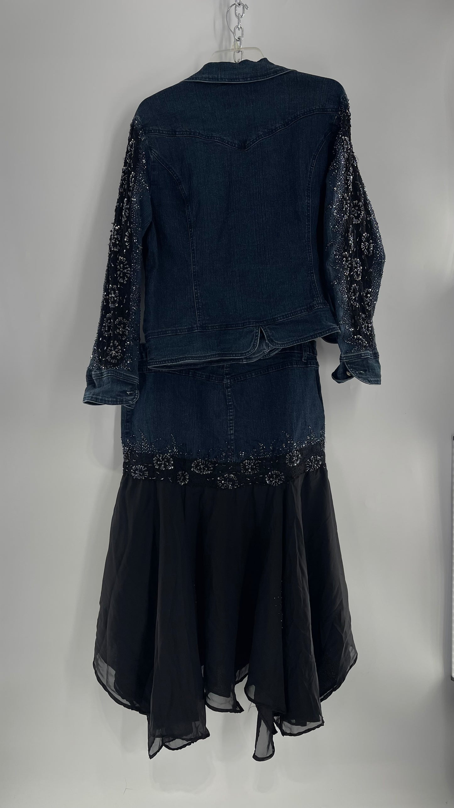 Vintage Ashley Stewart Denim Skirt and Button Up Set with Black Embroidered and Beaded Lace Details + Handkerchief Skirt (16W)