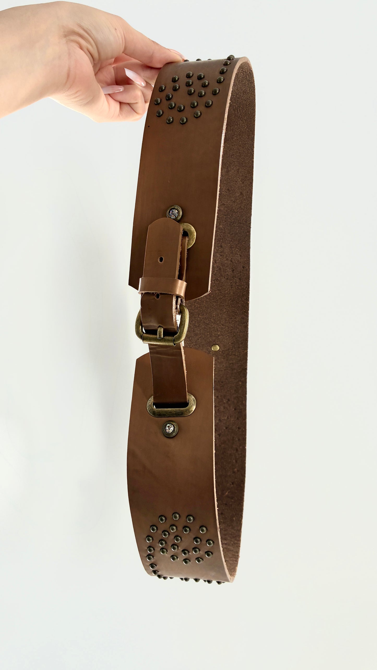 Vintage MADEMOISELLE Bronze Leather Thick Belt with Studded Rhinestone Details (L)