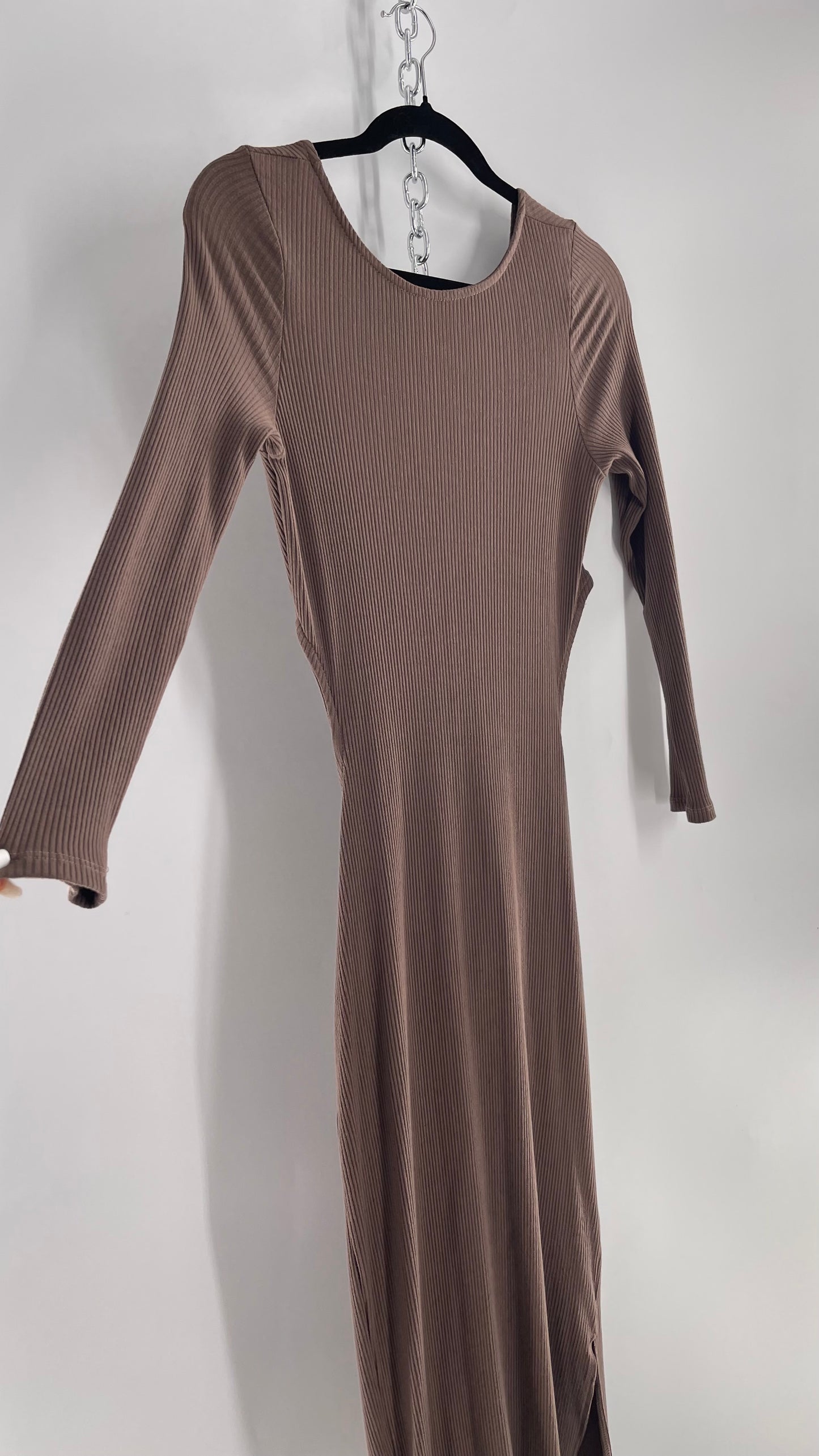 Free People Brown Ribbed Maxi Dress with Low Open Back and Dramatic Tie Detail (Large)