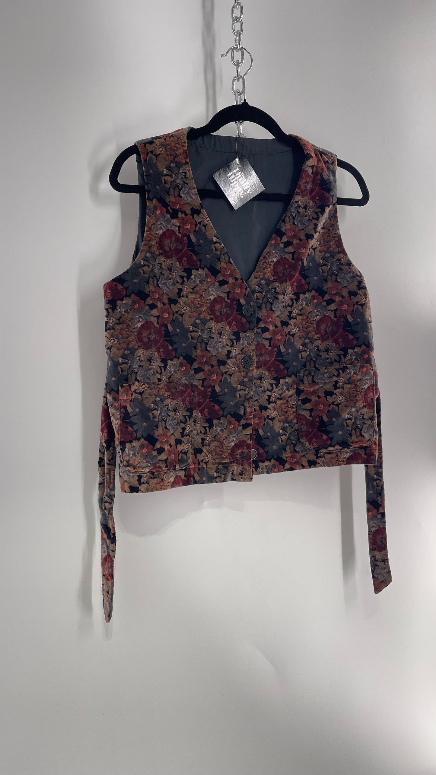 Vintage Muted Florals Velvet Vest with Front Pockets and Waist Tie (Medium)