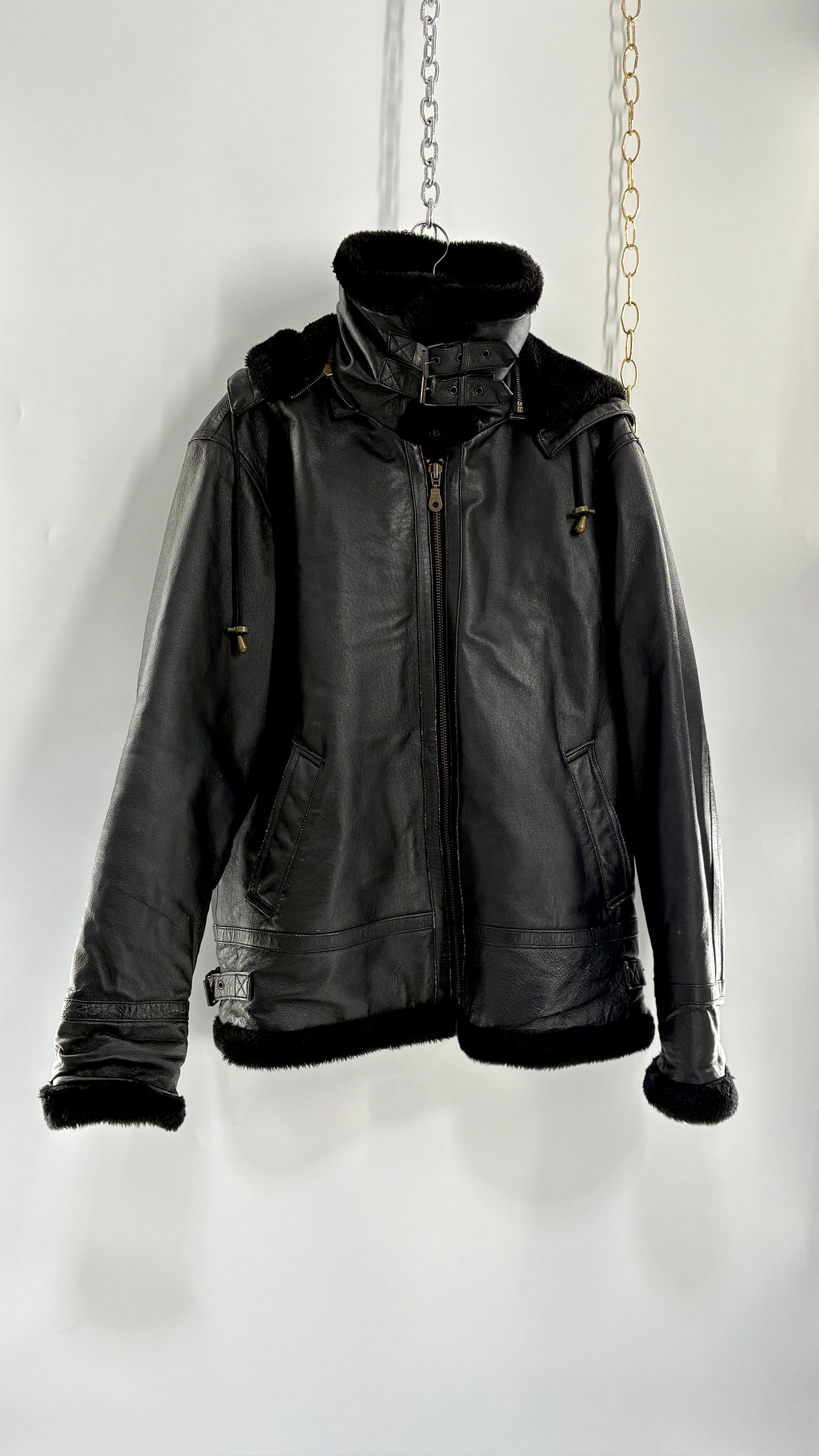 Vintage TANNERS AVENUE Black Genuine Leather Jacket with High Neck and Hood (Medium)